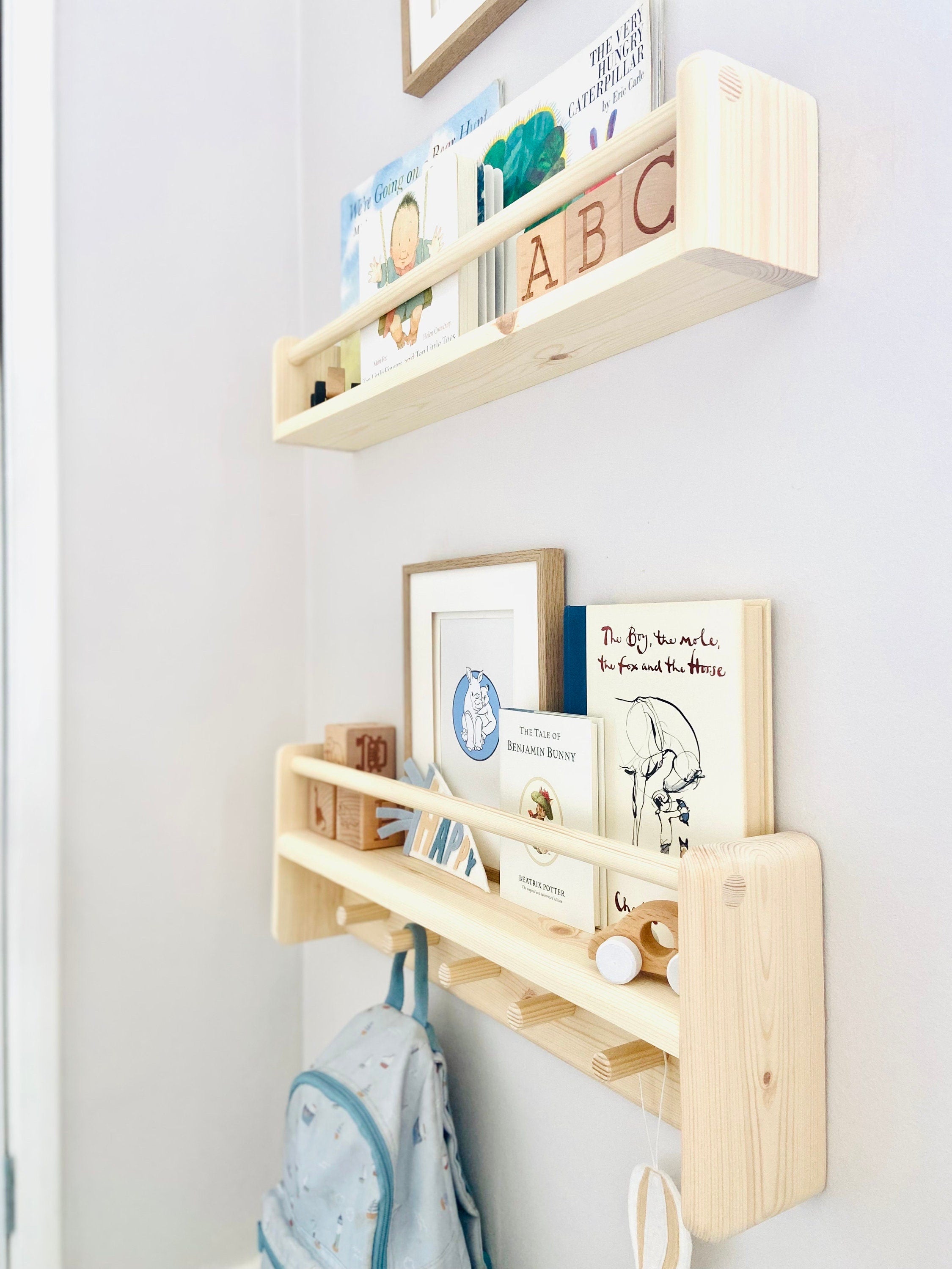 Handmade Nursery Shelf Set: Wooden Bookshelf & Peg Rail