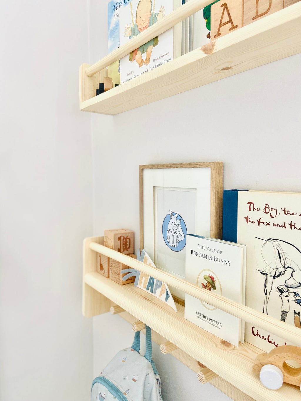 Handmade Nursery Shelf Set: Wooden Bookshelf & Peg Rail