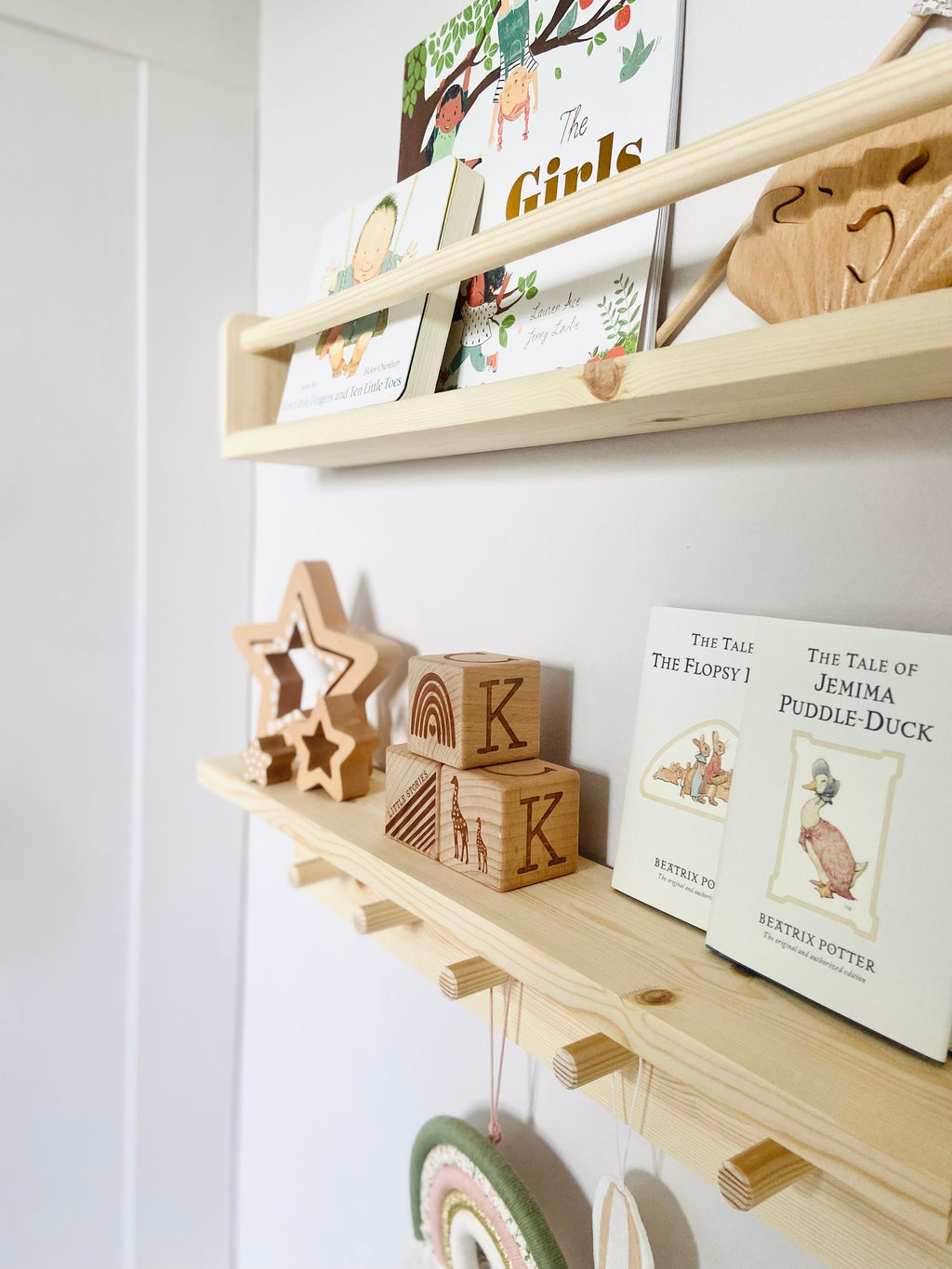 Handmade Nursery Shelf: Sustainable Wood Bookshelf, Peg Rail Shelf