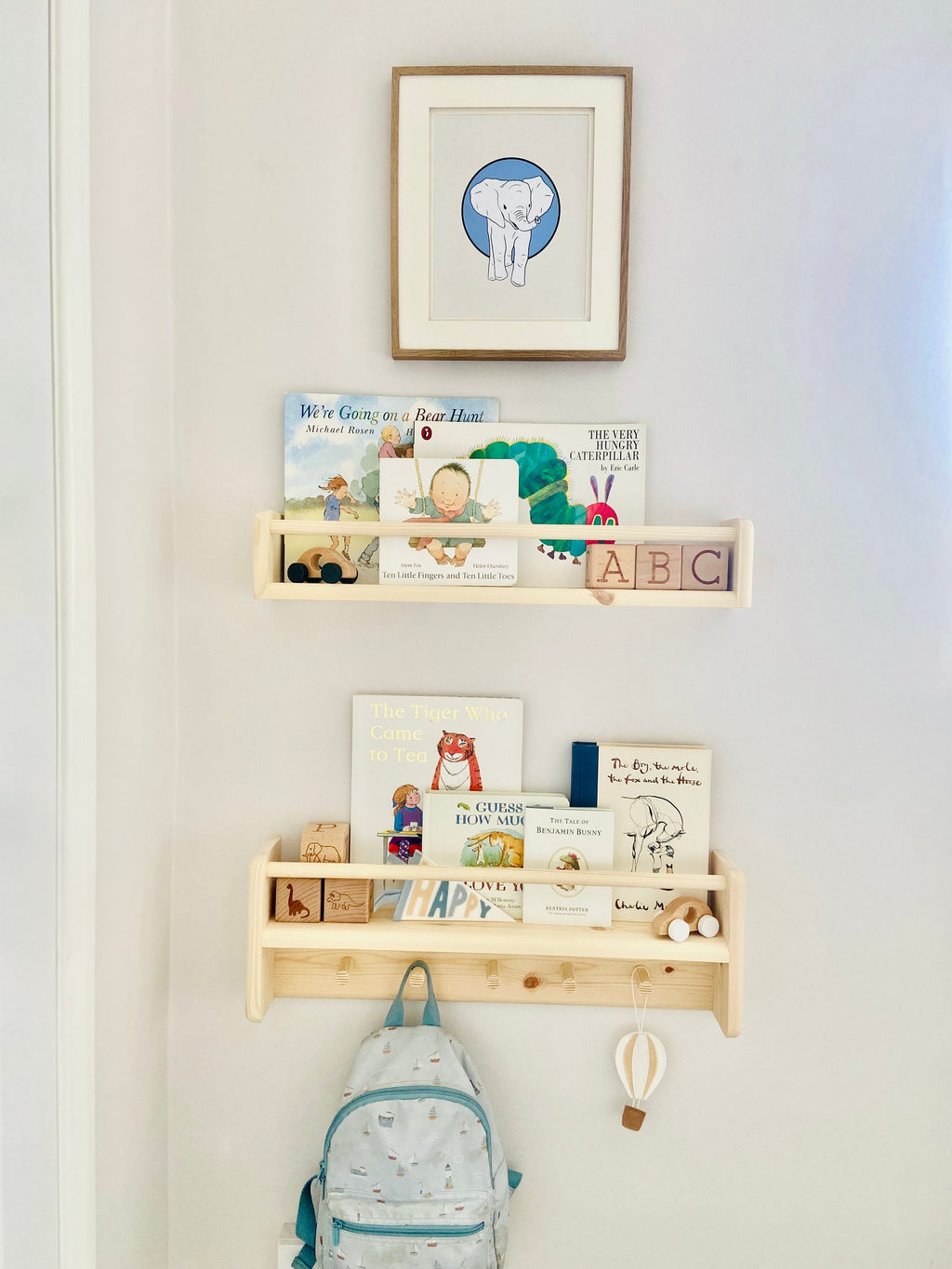 Handmade Nursery Shelf Set: Wooden Bookshelf & Peg Rail