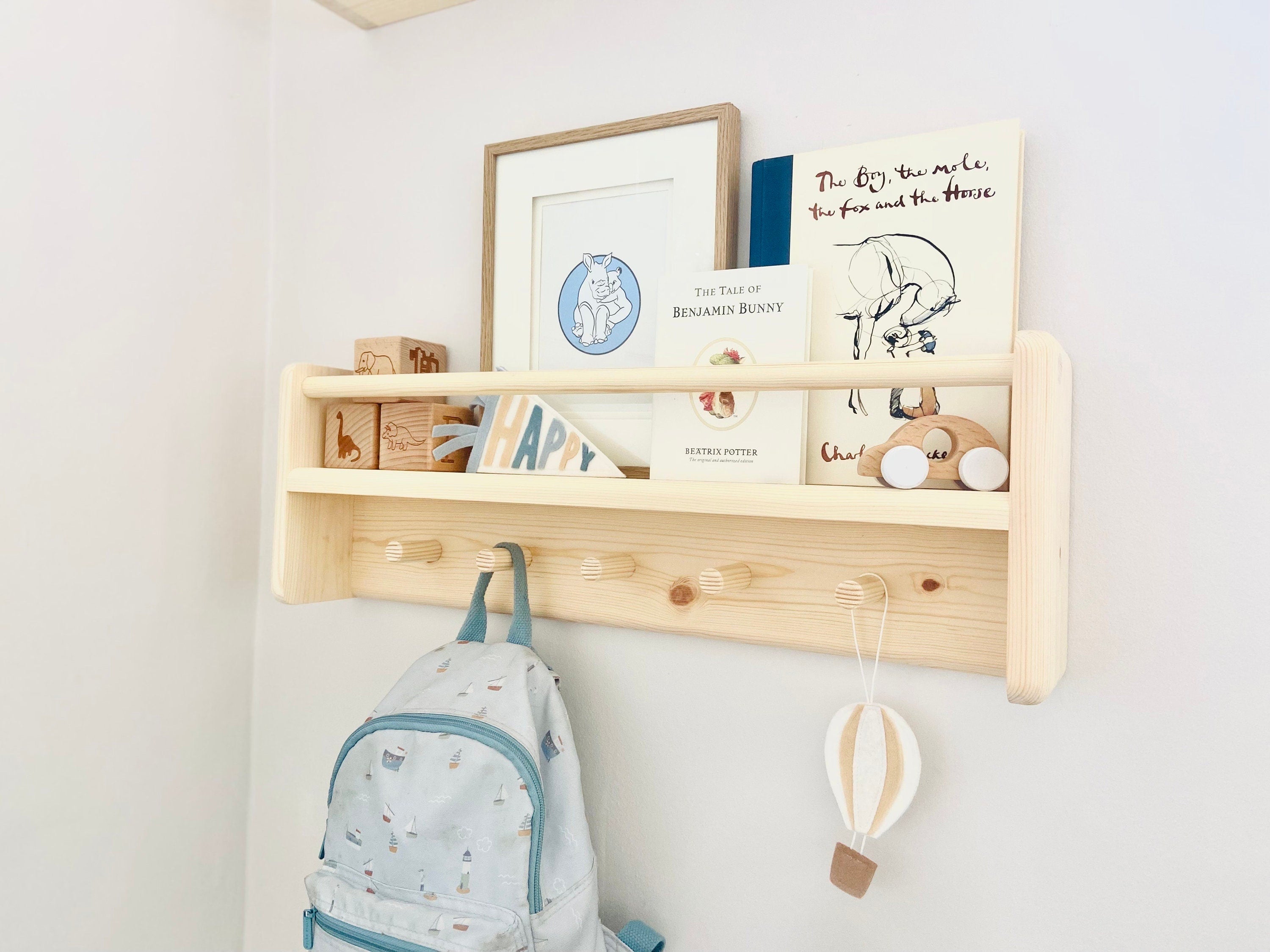Handmade Nursery Shelf Set: Wooden Bookshelf & Peg Rail