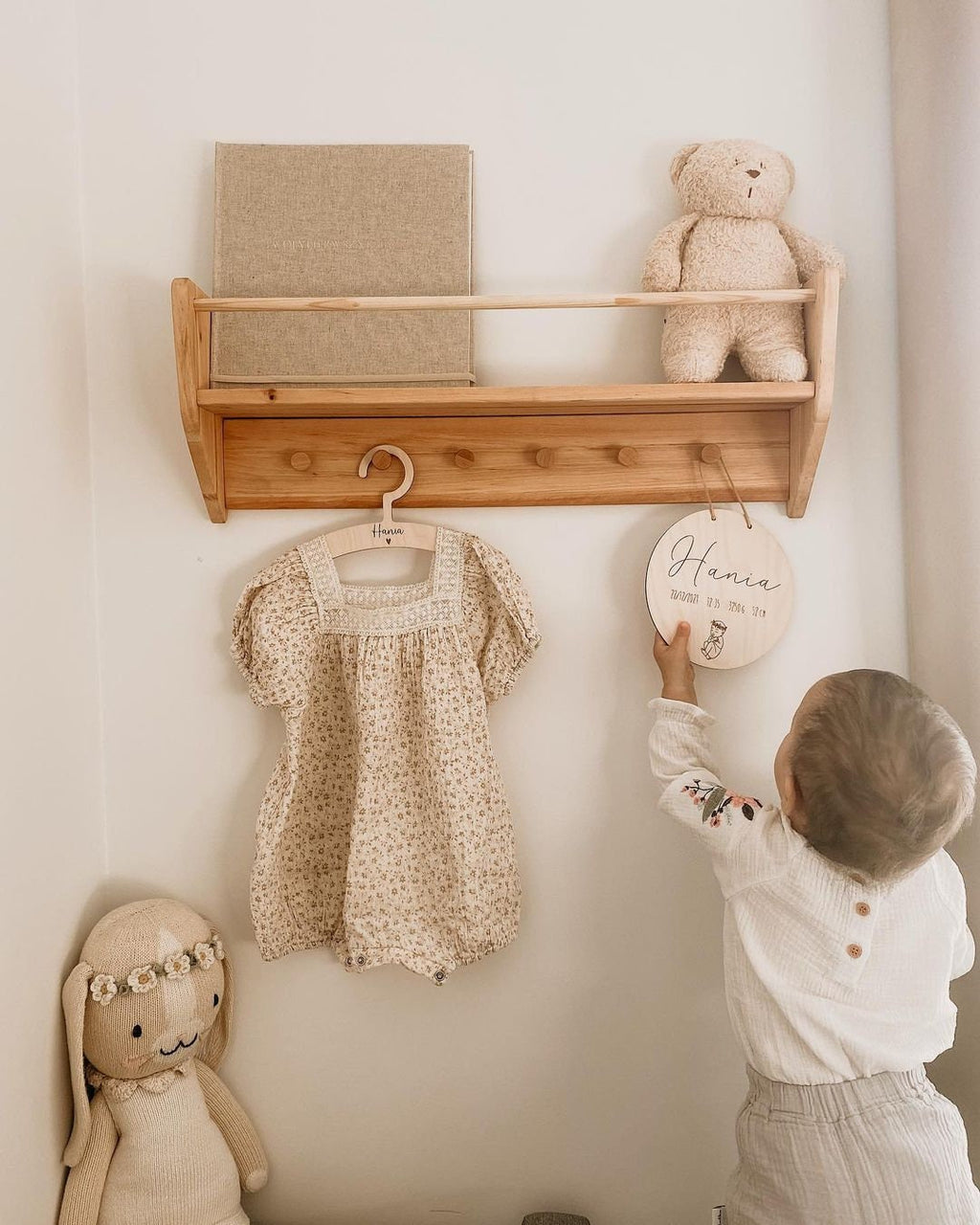 Nursery Shelves Wall Decor, Montessori Baby & Kids Room Shelves, Wood Floating Shelf With Hooks, Babyroom Decoration, Toddler Gift