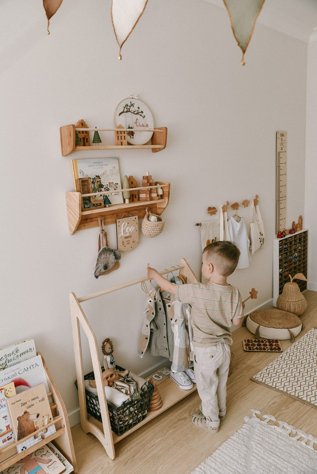 Nursery Shelves Wall Decor, Montessori Baby & Kids Room Shelves, Wood Floating Shelf With Hooks, Babyroom Decoration, Toddler Gift