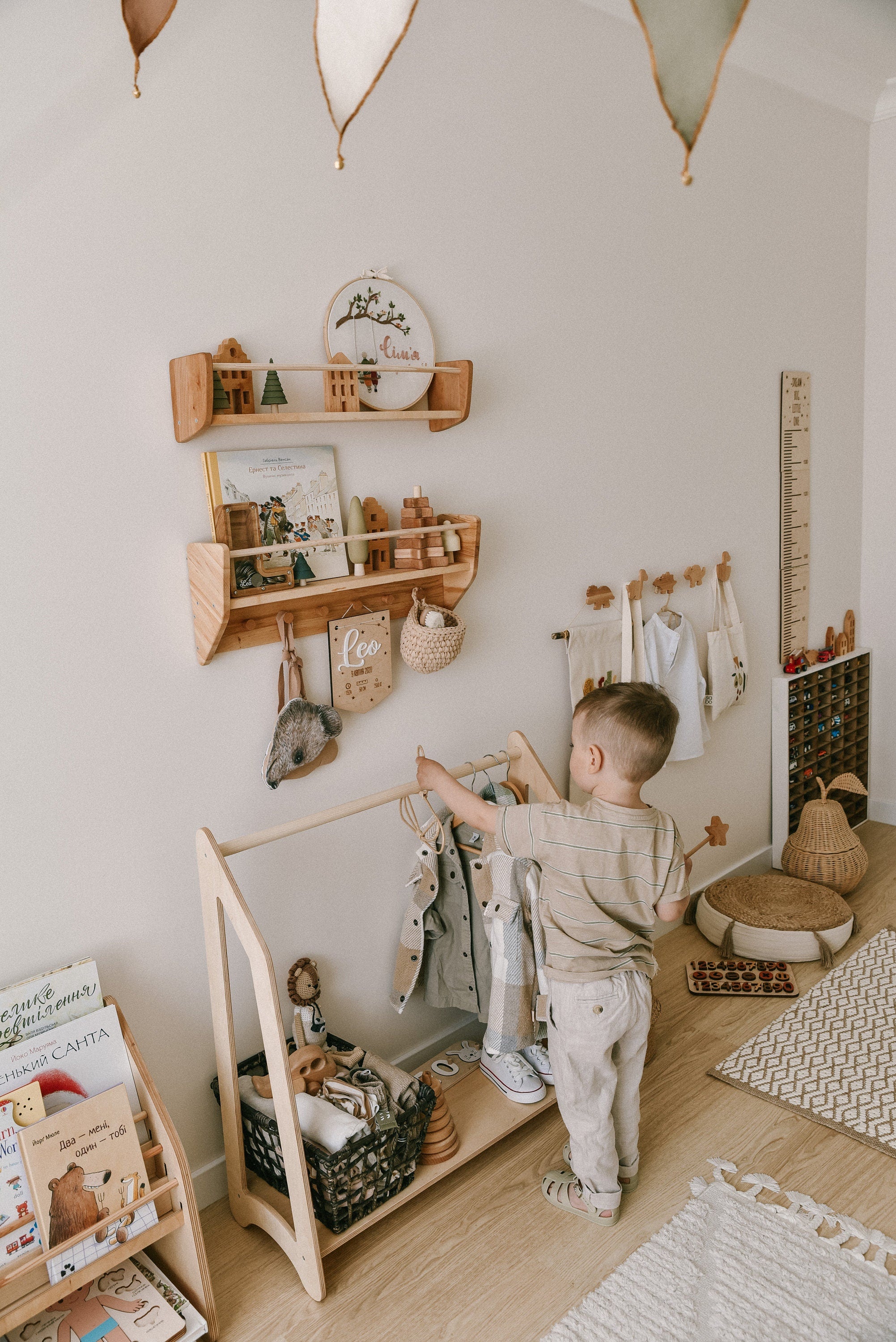 Nursery Shelves Wall Decor, Montessori Baby & Kids Room Shelves, Wood Floating Shelf With Hooks, Babyroom Decoration, Toddler Gift