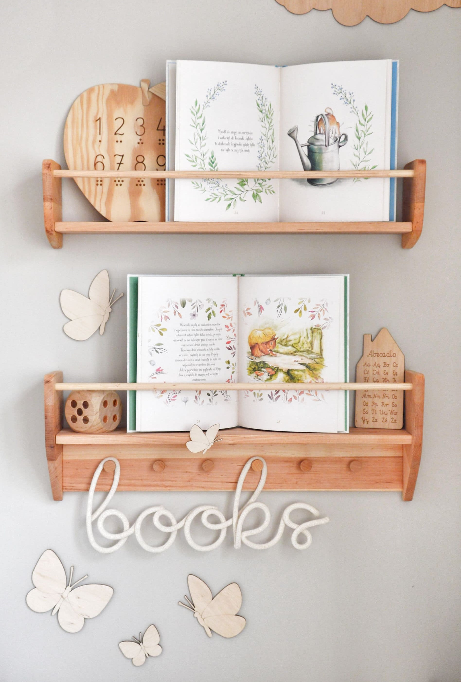 Nursery Shelves Wall Decor, Montessori Baby & Kids Room Shelves, Wood Floating Shelf With Hooks, Babyroom Decoration, Toddler Gift