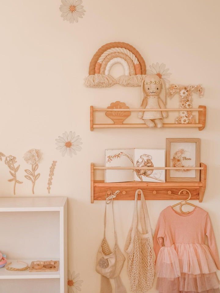 Nursery Shelves Wall Decor, Montessori Baby & Kids Room Shelves, Wood Floating Shelf With Hooks, Babyroom Decoration, Toddler Gift