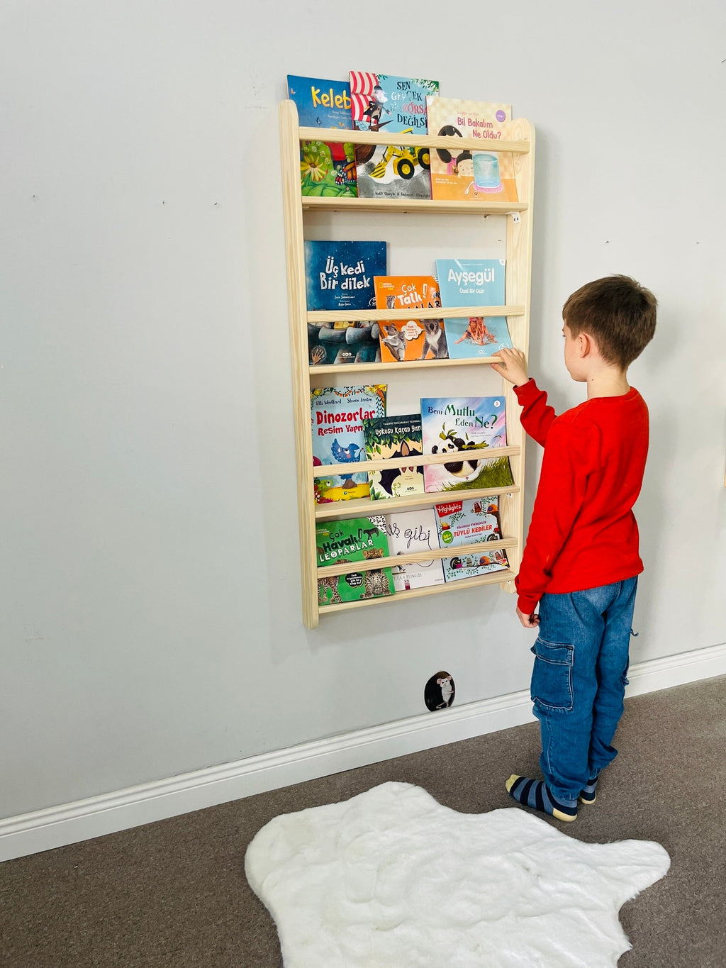 Wall Mounted 4 Shelves Space Saver Kids Bookshelf, Montessori Book Display For Baby, Book Organiser For Kids Room, Gift For Baby