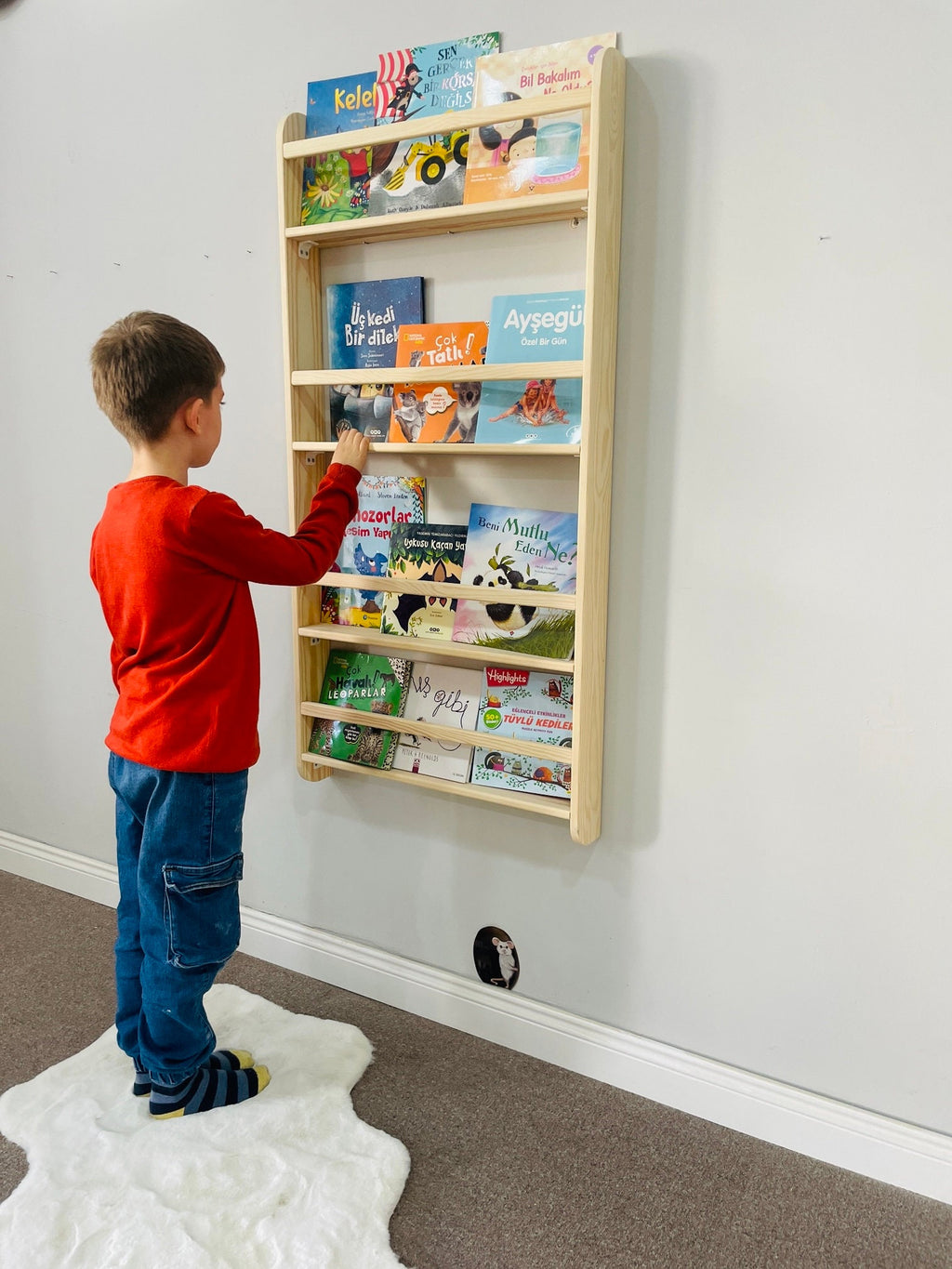 Wall Mounted 4 Shelves Space Saver Kids Bookshelf, Montessori Book Display For Baby, Book Organiser For Kids Room, Gift For Baby