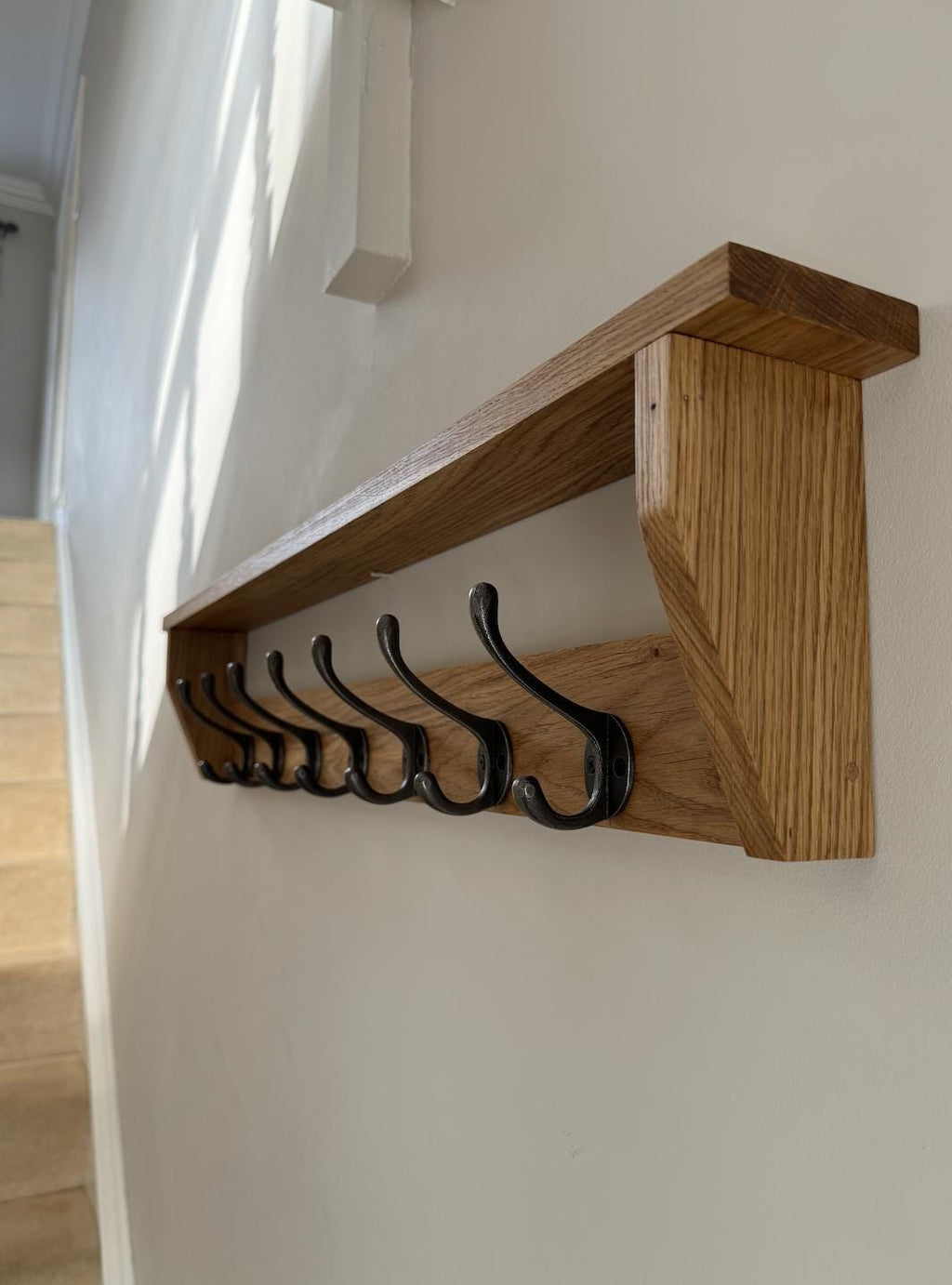 Handmade Solid Oak Coat Rack With Shelf | Cast Iron Hooks