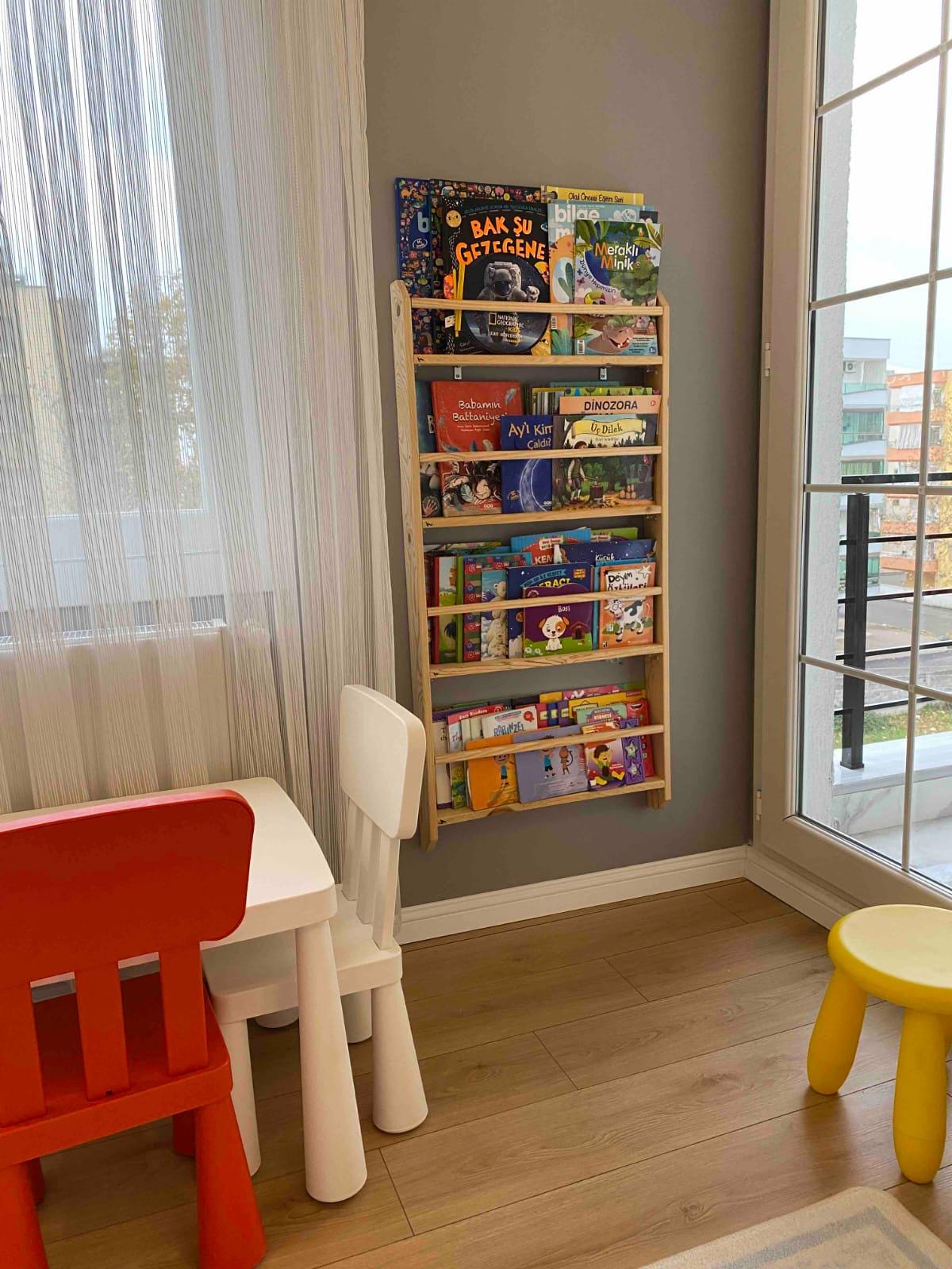 Wall Mounted Montessori Bookshelf For Kids, Natural Pine Toddler Book Rack, Eco-friendly Wooden Nursery Shelf Organizer