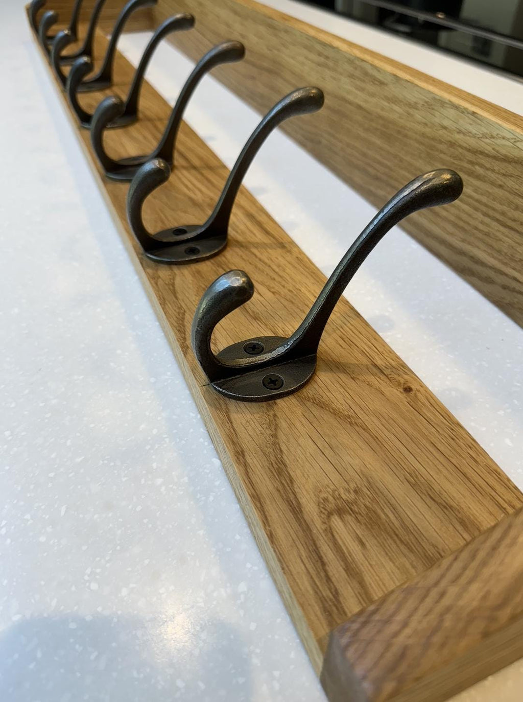 Handmade Solid Oak Coat Rack With Shelf | Cast Iron Hooks