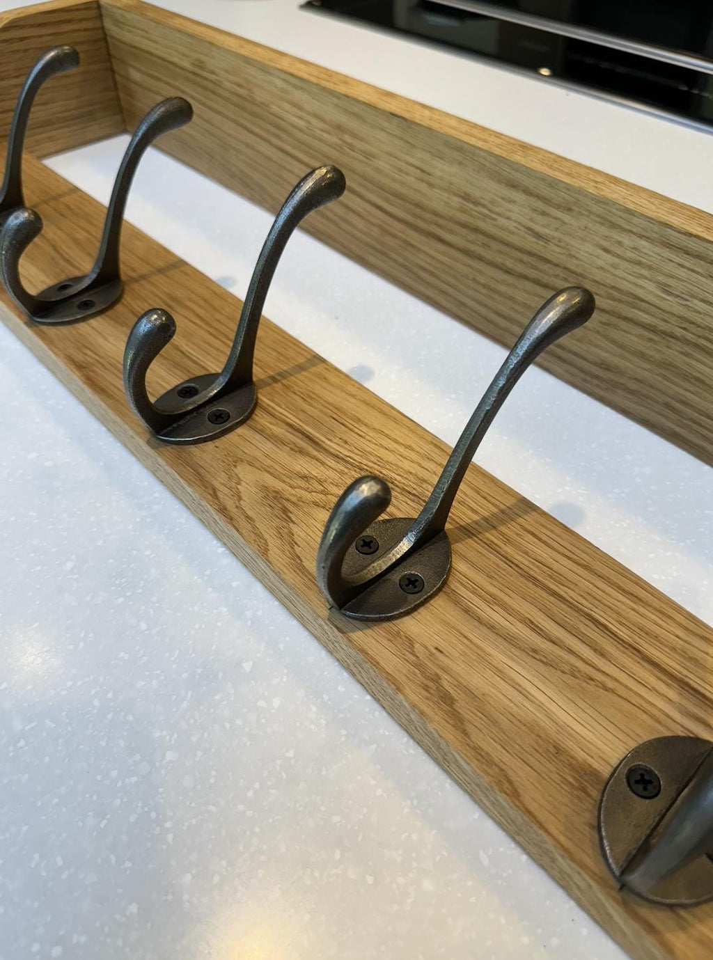 Handmade Solid Oak Coat Rack With Shelf | Cast Iron Hooks