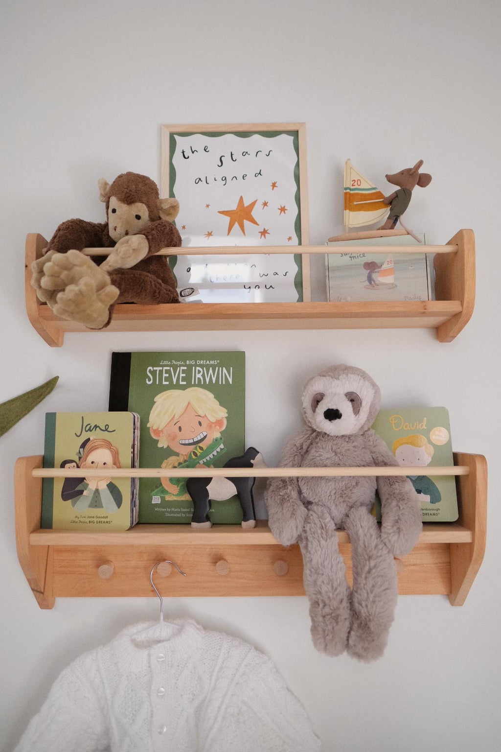 Nursery Shelves Wall Decor, Montessori Baby & Kids Room Shelves, Wood Floating Shelf With Hooks, Babyroom Decoration, Toddler Gift