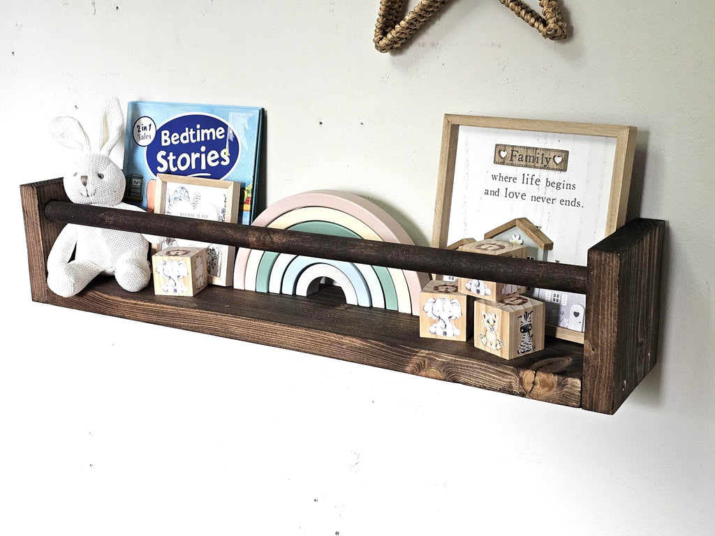 Handmade Rustic Wood Nursery Shelf With Clothes Rail - Floating Bookshelf
