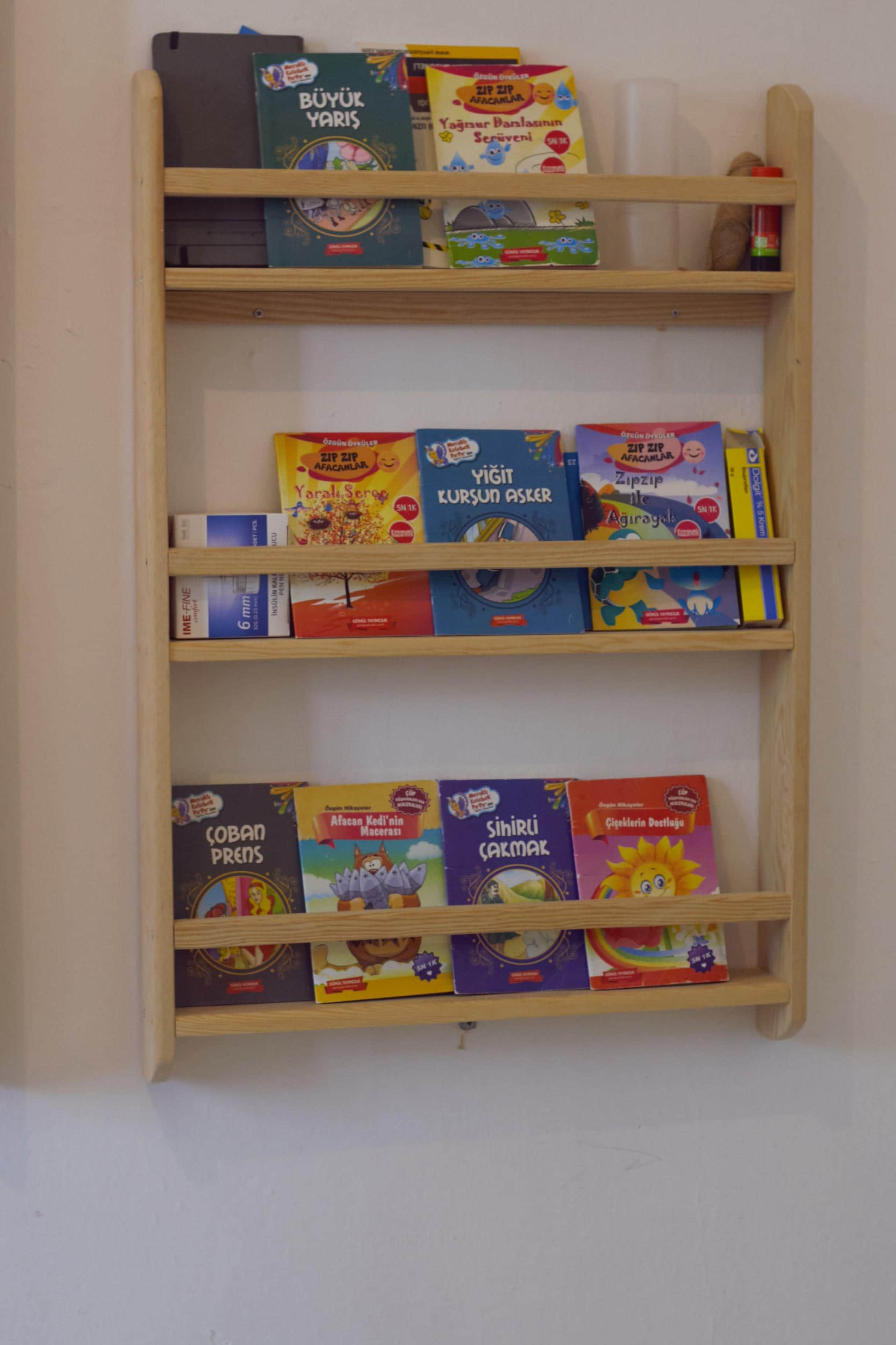 Wall Mounted Montessori Bookshelf For Kids, Natural Pine Toddler Book Rack, Eco-friendly Wooden Nursery Shelf Organizer