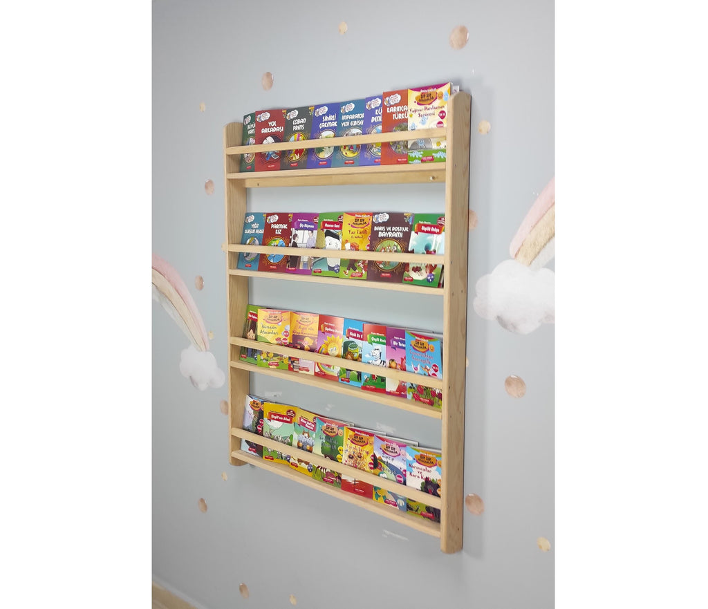 Wall Mounted Montessori Bookshelf For Kids, Natural Pine Toddler Book Rack, Eco-friendly Wooden Nursery Shelf Organizer