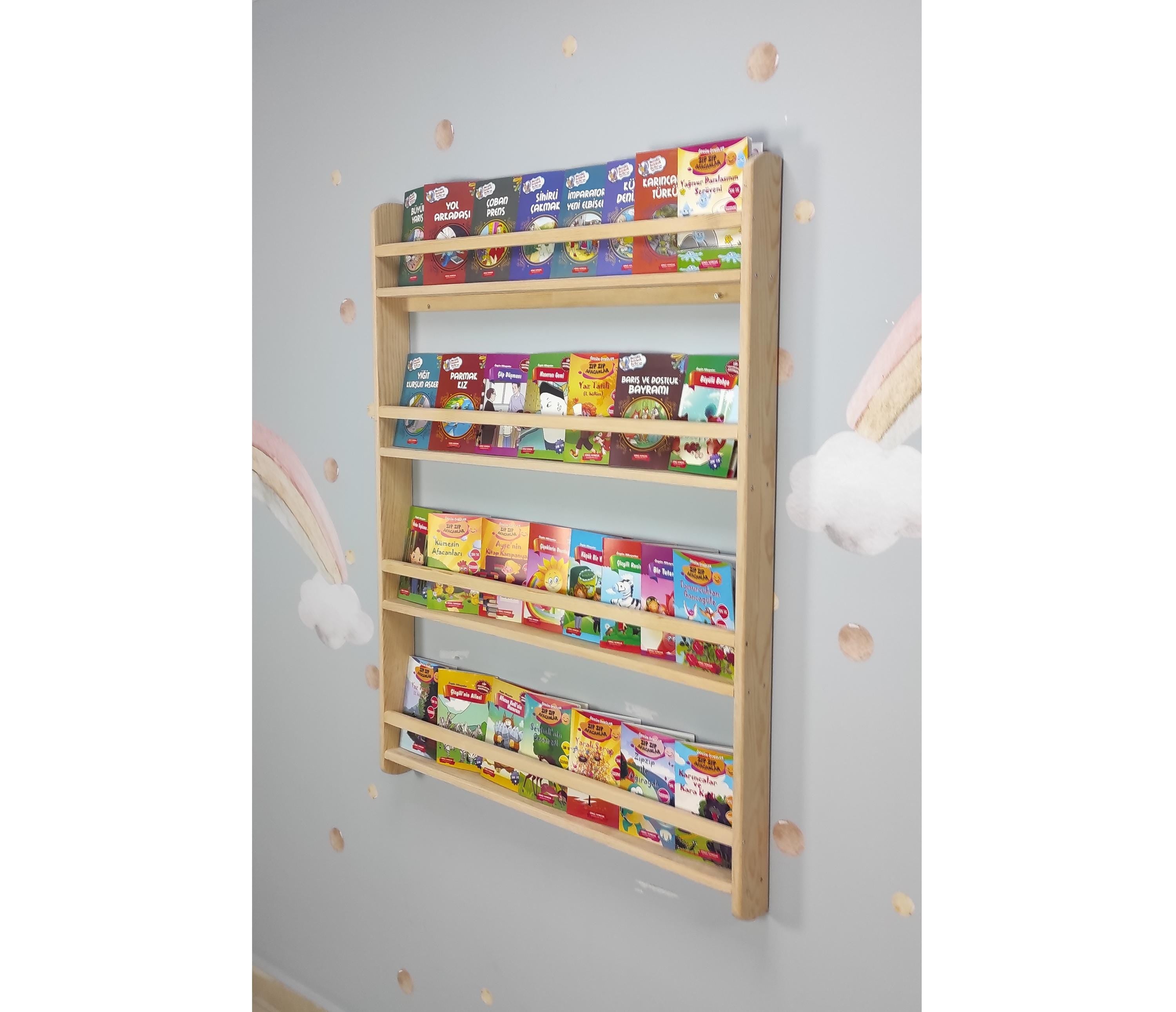 Wall Mounted Montessori Bookshelf For Kids, Natural Pine Toddler Book Rack, Eco-friendly Wooden Nursery Shelf Organizer