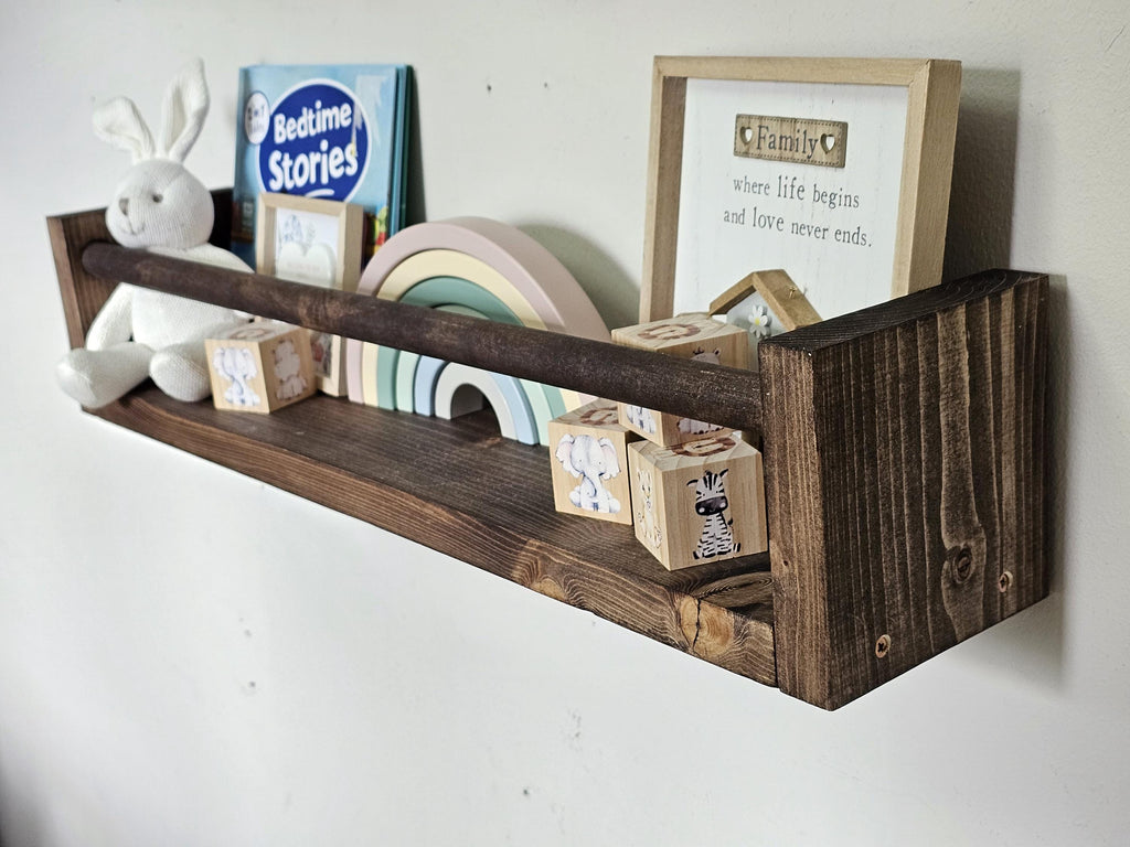 Handmade Rustic Wood Nursery Shelf With Clothes Rail - Floating Bookshelf