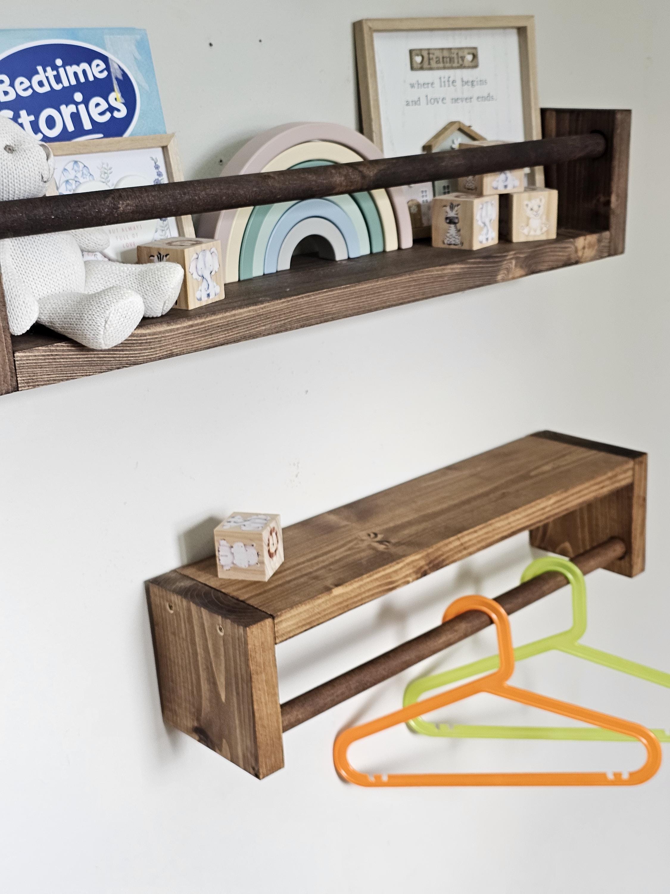 Handmade Rustic Wood Nursery Shelf With Clothes Rail - Floating Bookshelf