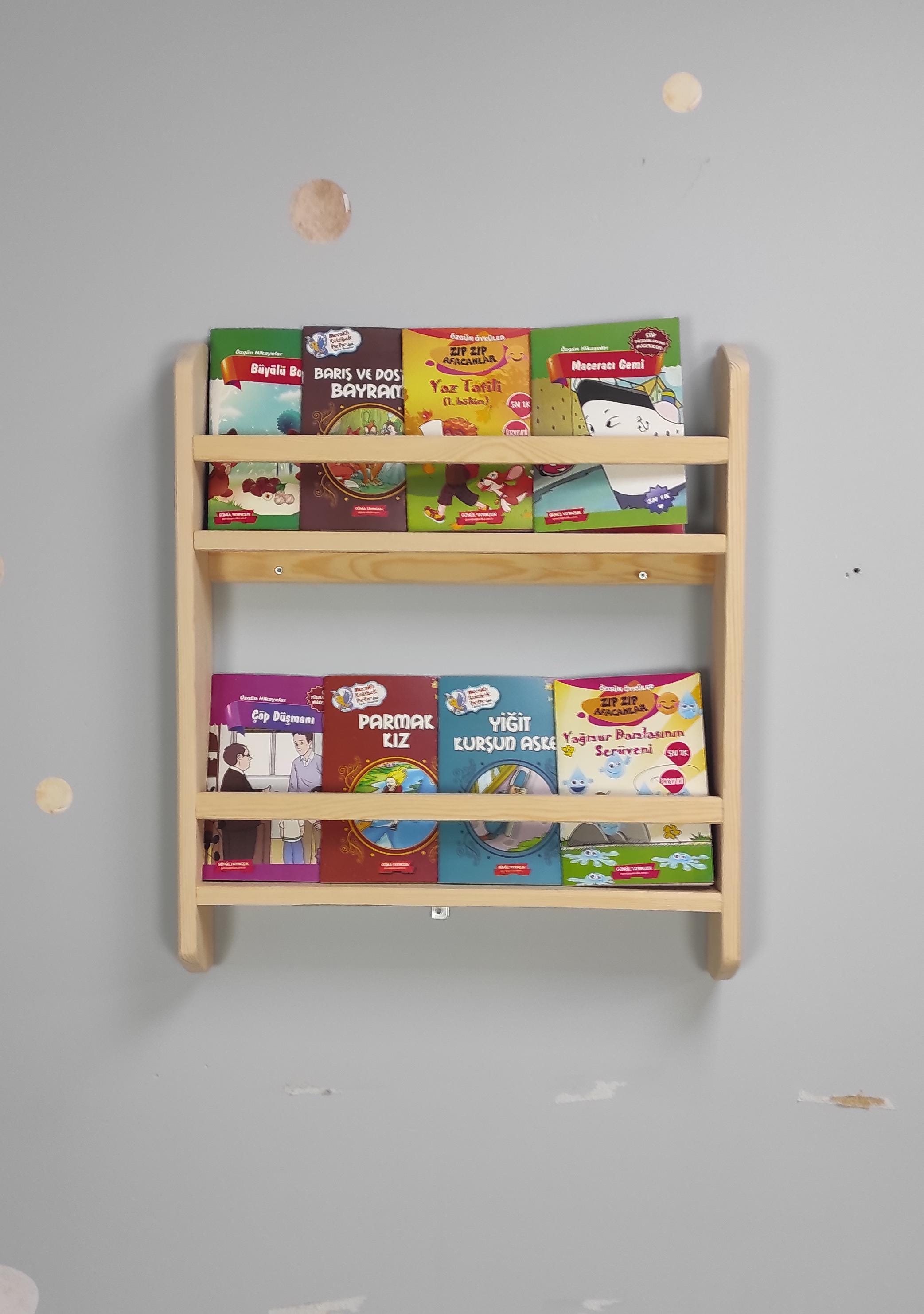 Wall Mounted Montessori Bookshelf For Kids, Natural Pine Toddler Book Rack, Eco-friendly Wooden Nursery Shelf Organizer