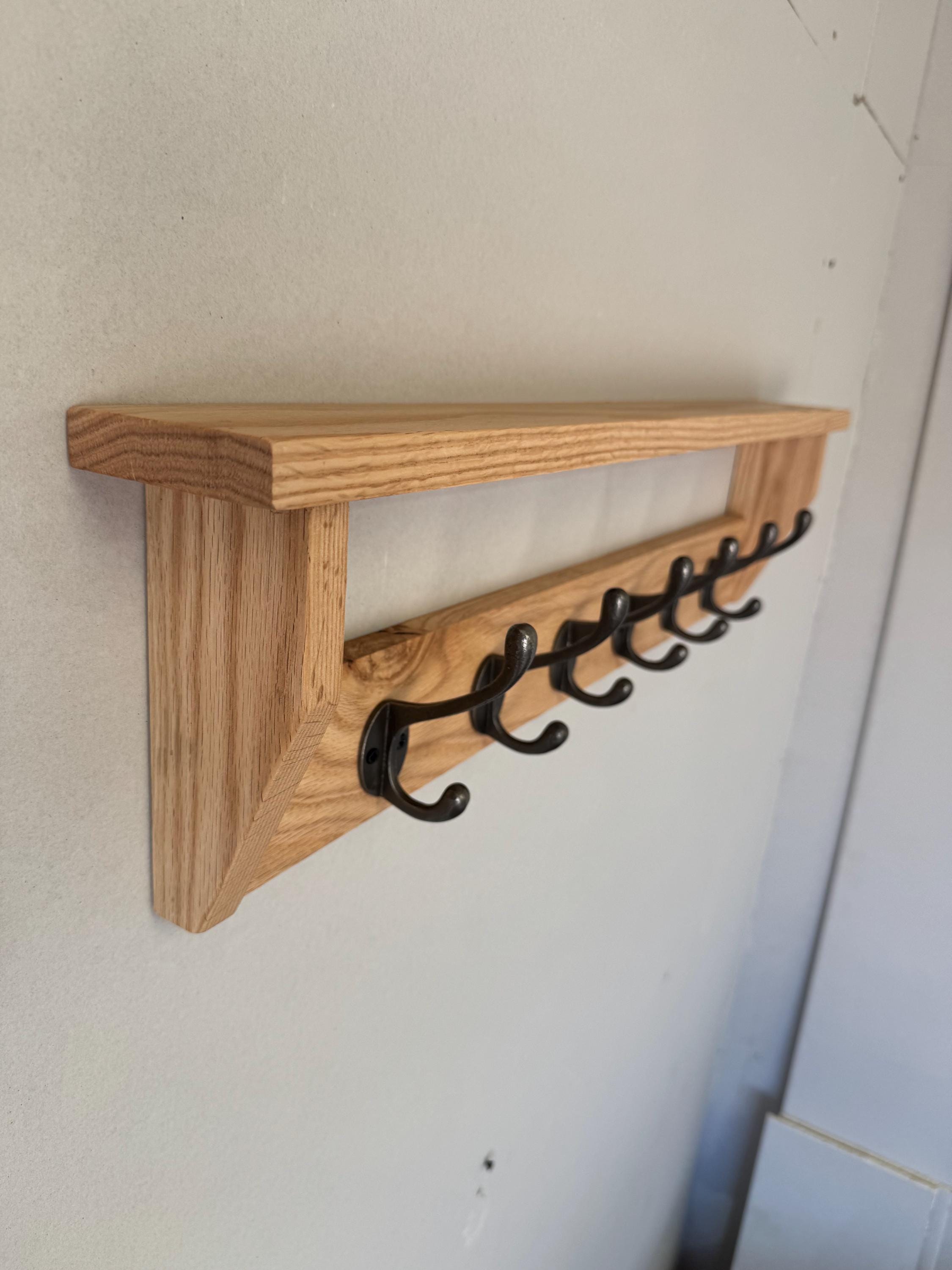 Handmade Solid Oak Coat Rack With Shelf | Cast Iron Hooks