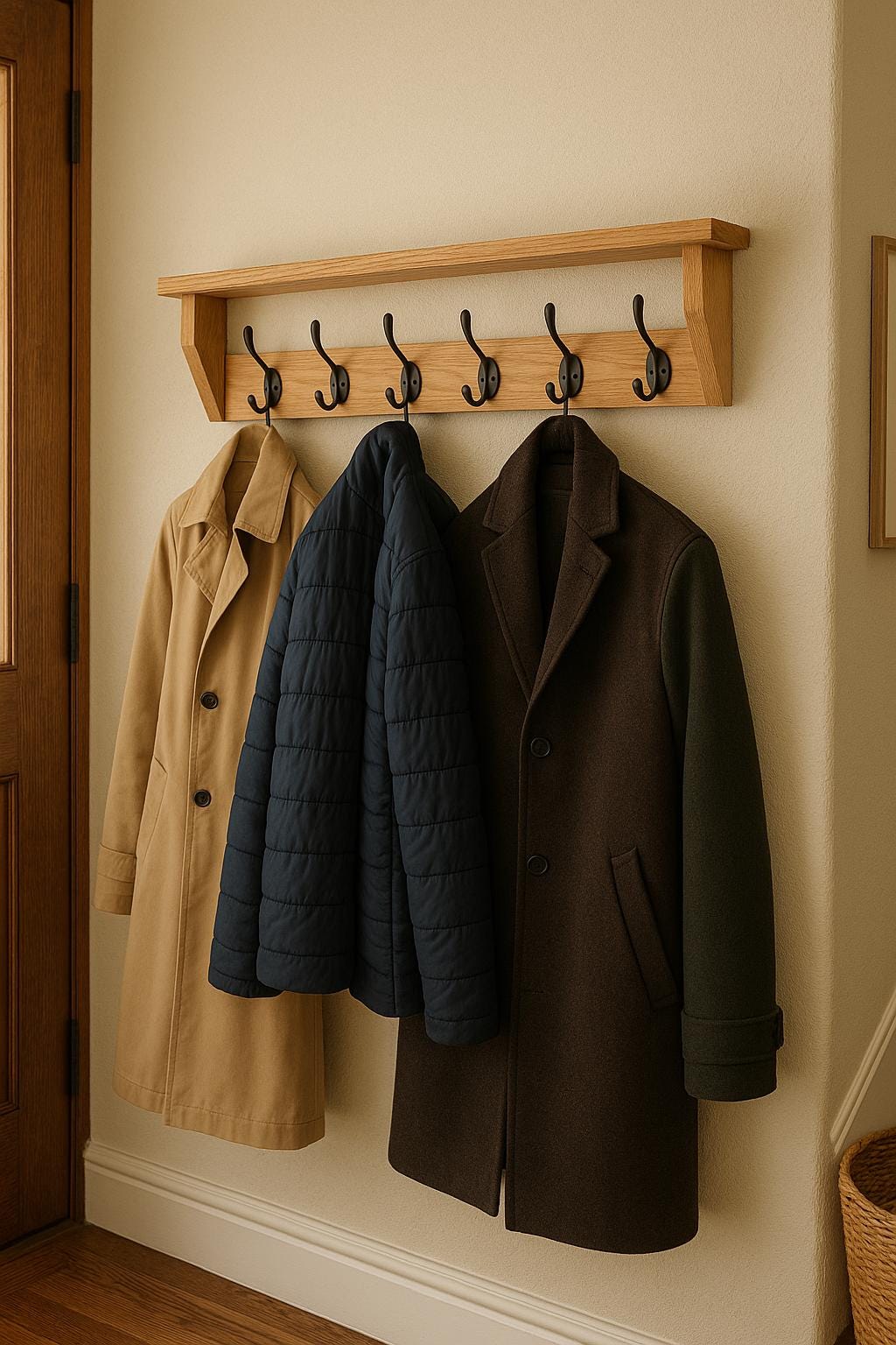 Handmade Solid Oak Coat Rack With Shelf | Cast Iron Hooks