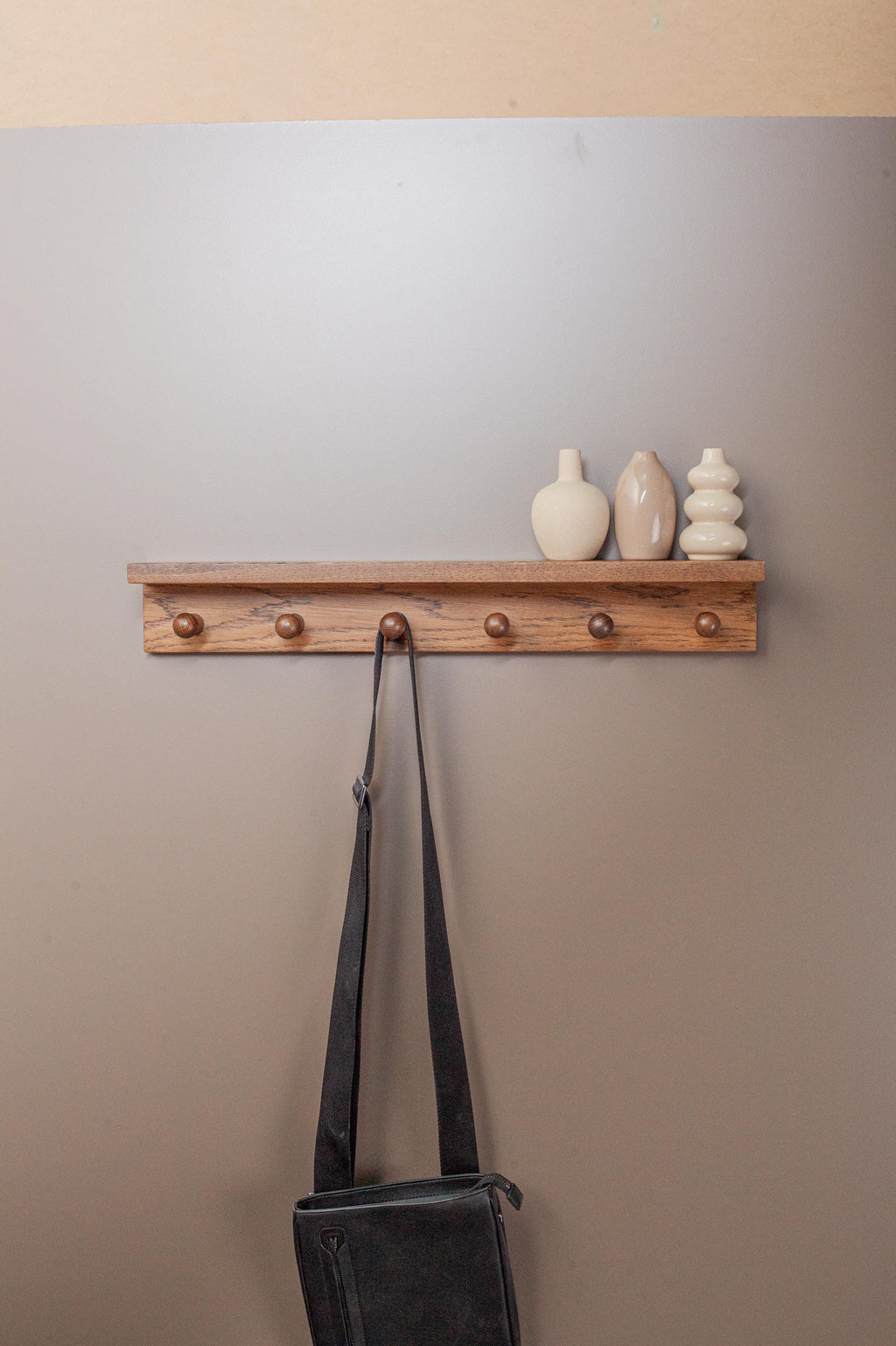 Oak Wooden Peg Shelf, Floating Japandi Wall Organizer With Hooks, Shaker Style Hallway Rack, Practical Entryway Storage