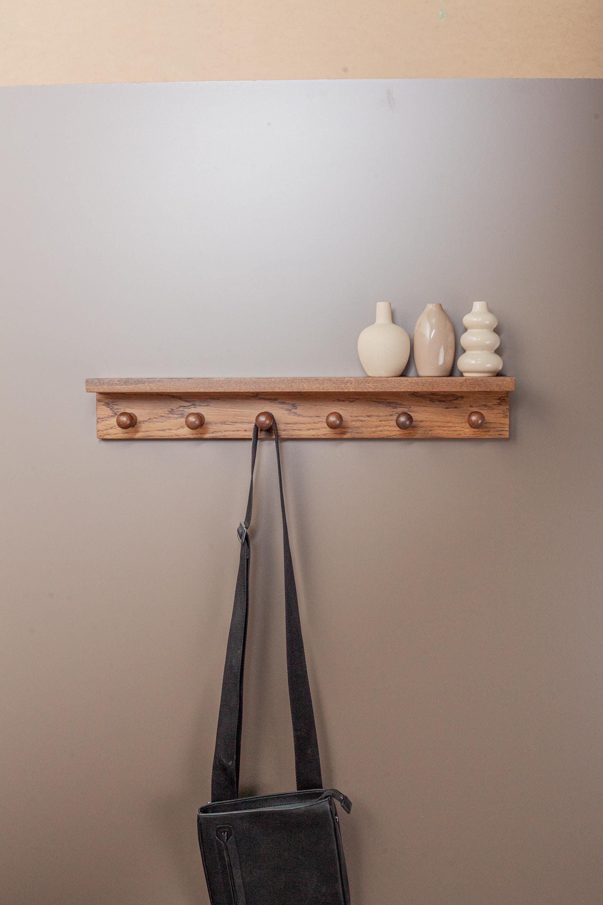 Oak Wooden Peg Shelf, Floating Japandi Wall Organizer With Hooks, Shaker Style Hallway Rack, Practical Entryway Storage