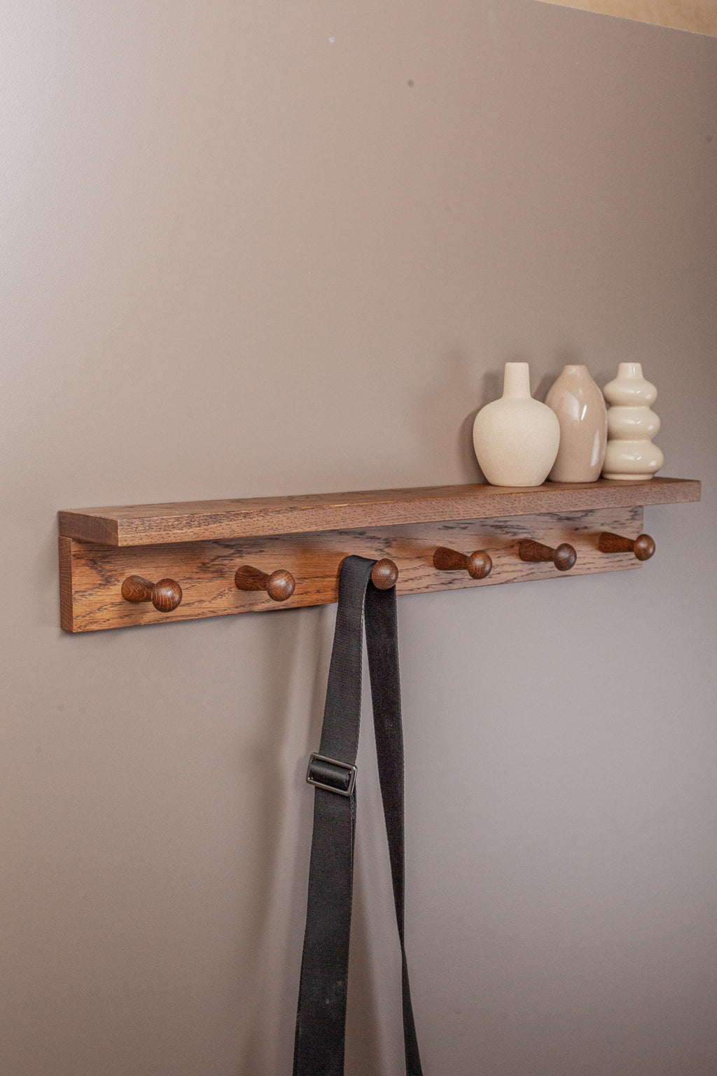 Oak Wooden Peg Shelf, Floating Japandi Wall Organizer With Hooks, Shaker Style Hallway Rack, Practical Entryway Storage