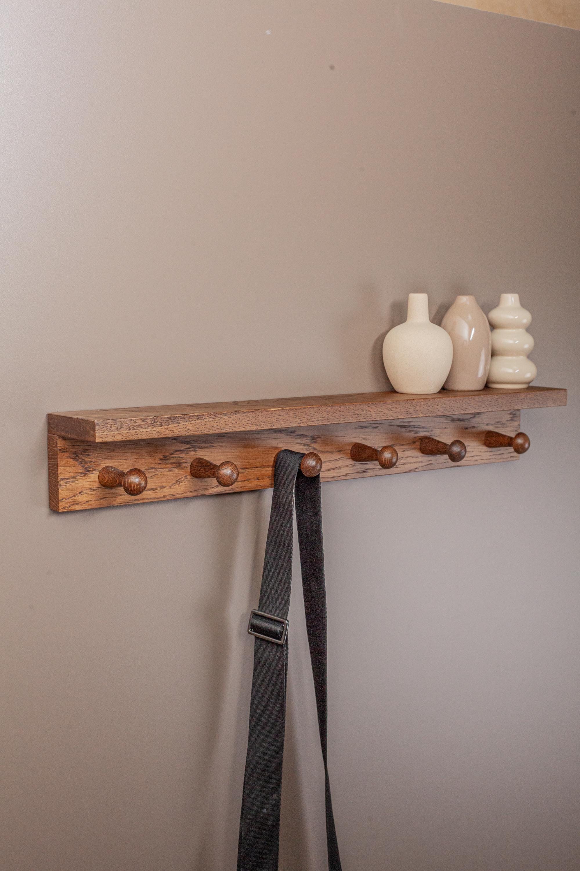 Oak Wooden Peg Shelf, Floating Japandi Wall Organizer With Hooks, Shaker Style Hallway Rack, Practical Entryway Storage