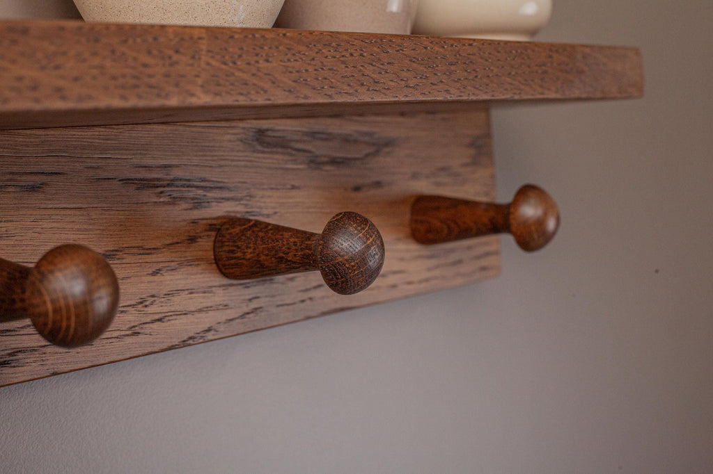 Oak Wooden Peg Shelf, Floating Japandi Wall Organizer With Hooks, Shaker Style Hallway Rack, Practical Entryway Storage