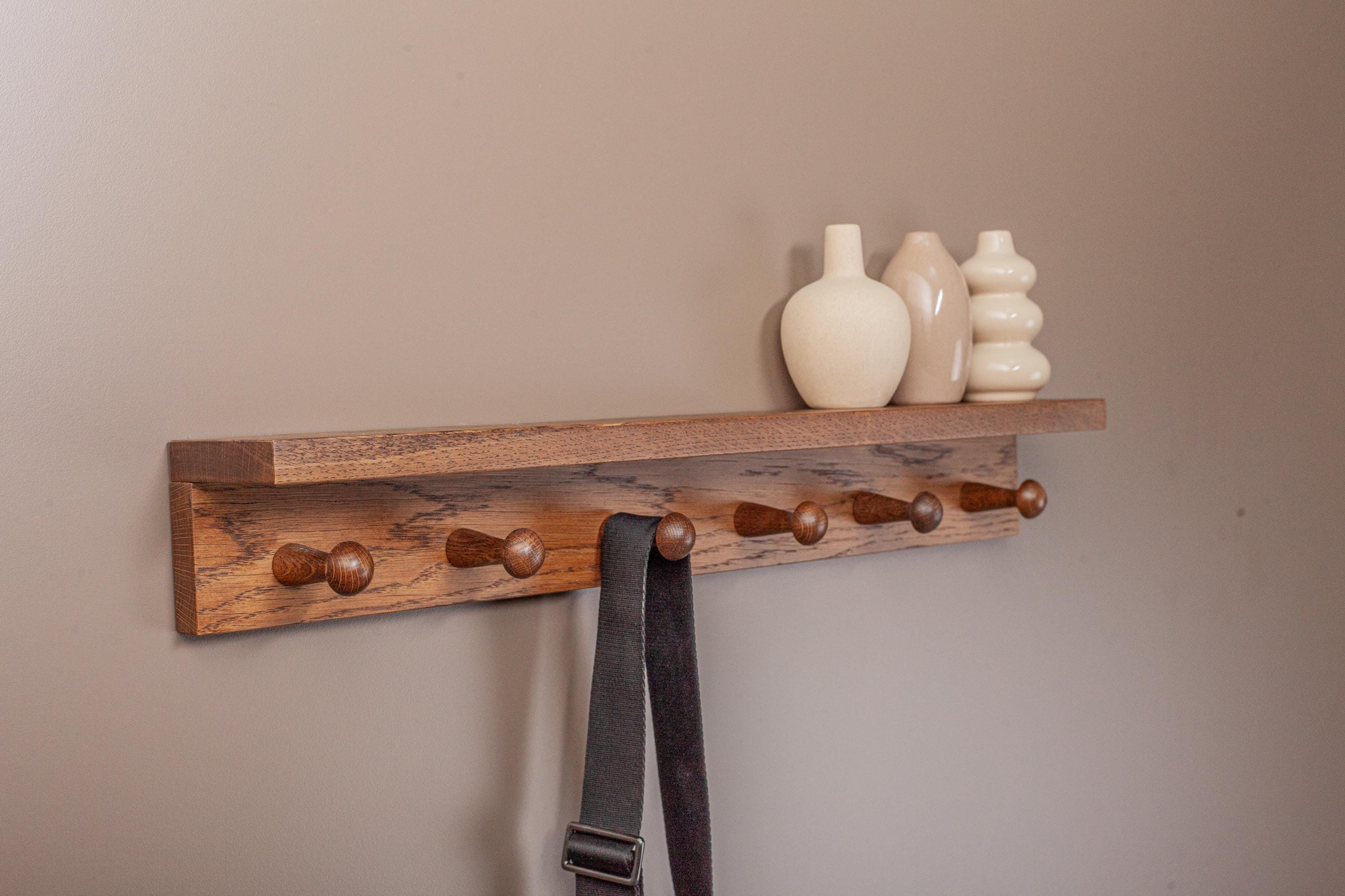 Oak Wooden Peg Shelf, Floating Japandi Wall Organizer With Hooks, Shaker Style Hallway Rack, Practical Entryway Storage