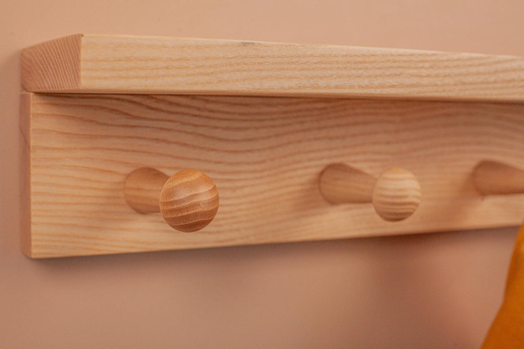 Oak Wooden Peg Shelf, Floating Japandi Wall Organizer With Hooks, Shaker Style Hallway Rack, Practical Entryway Storage