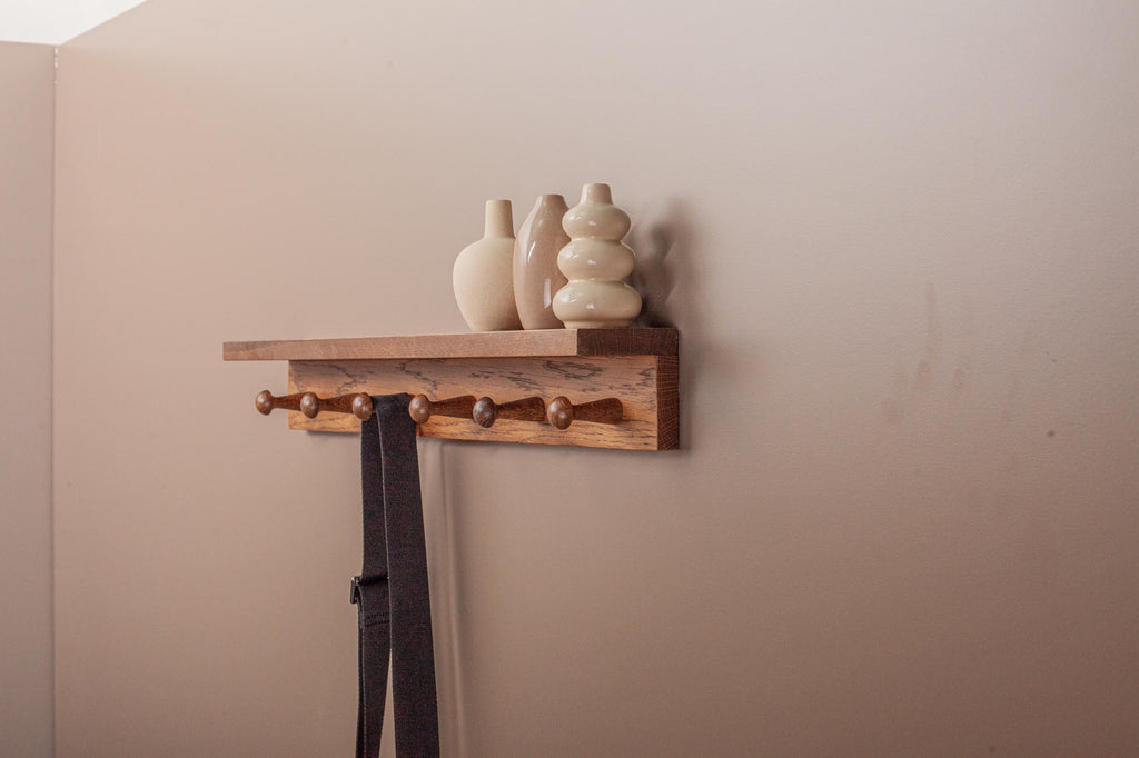 Oak Wooden Peg Shelf, Floating Japandi Wall Organizer With Hooks, Shaker Style Hallway Rack, Practical Entryway Storage