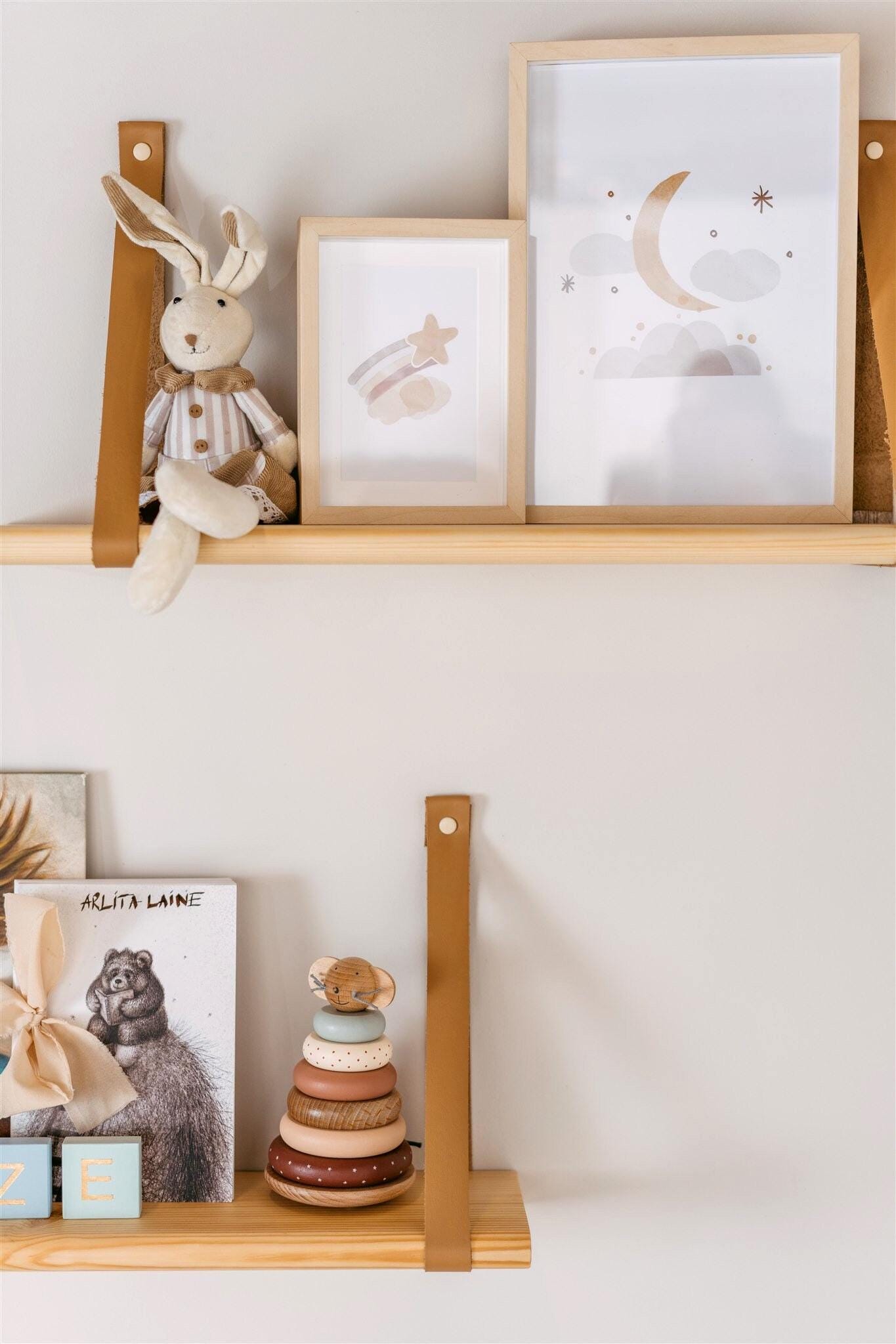 Nursery Hanging Bookshelf, Floating Wood Shelves With Leather Strap, Montessori