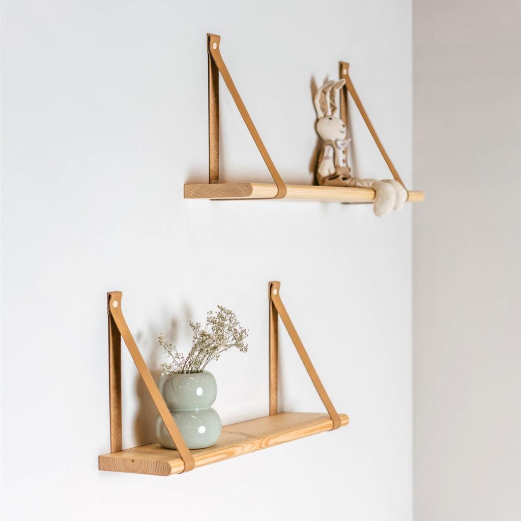 Nursery Hanging Bookshelf, Floating Wood Shelves With Leather Strap, Montessori