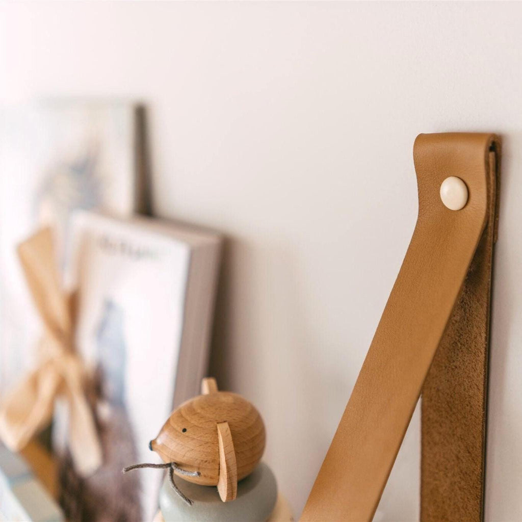 Nursery Hanging Bookshelf, Floating Wood Shelves With Leather Strap, Montessori