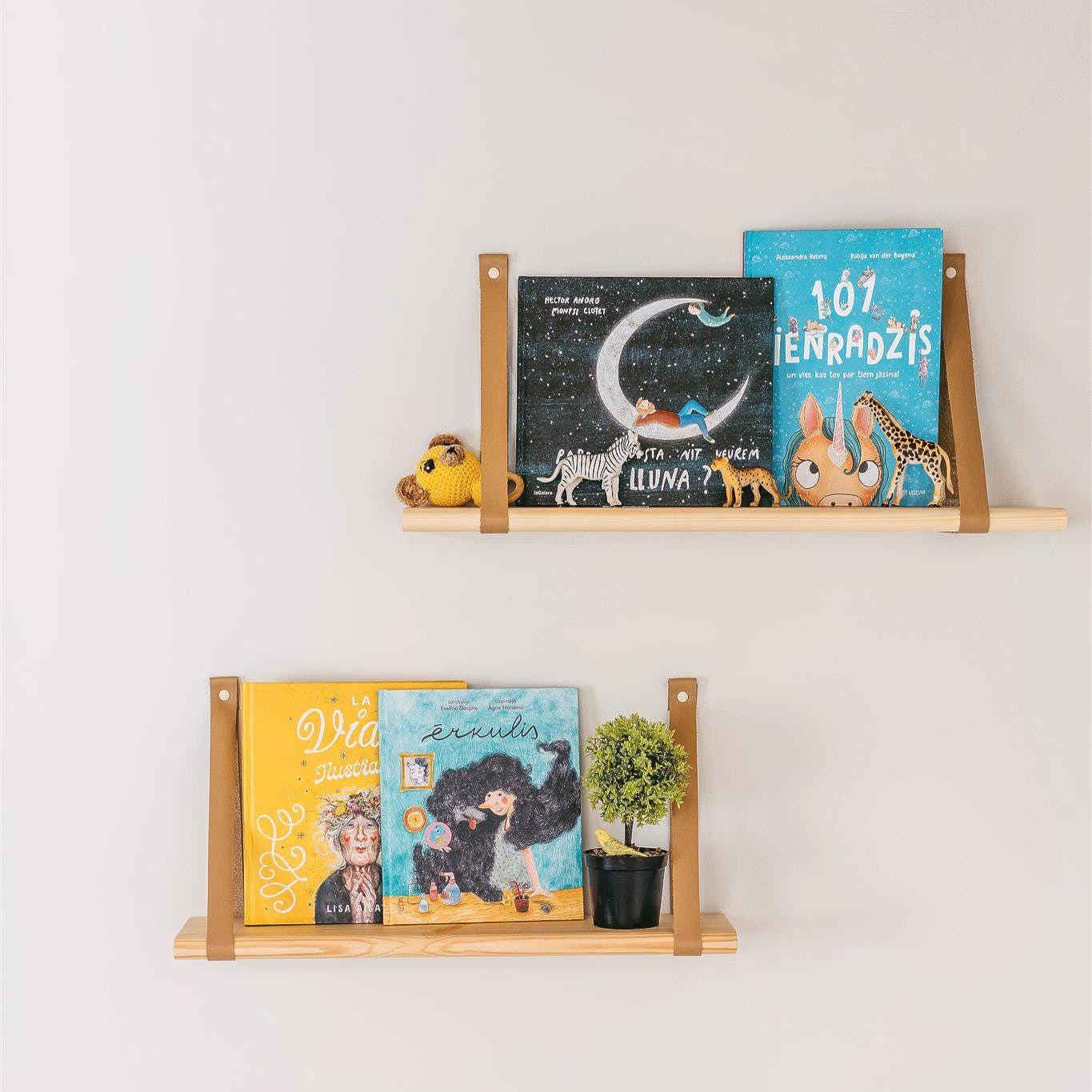 Nursery Hanging Bookshelf, Floating Wood Shelves With Leather Strap, Montessori