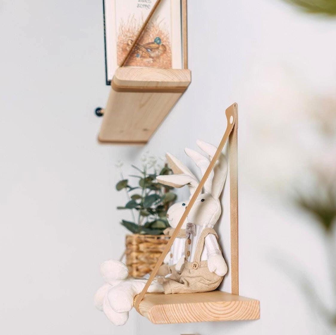 Nursery Hanging Bookshelf, Floating Wood Shelves With Leather Strap, Montessori