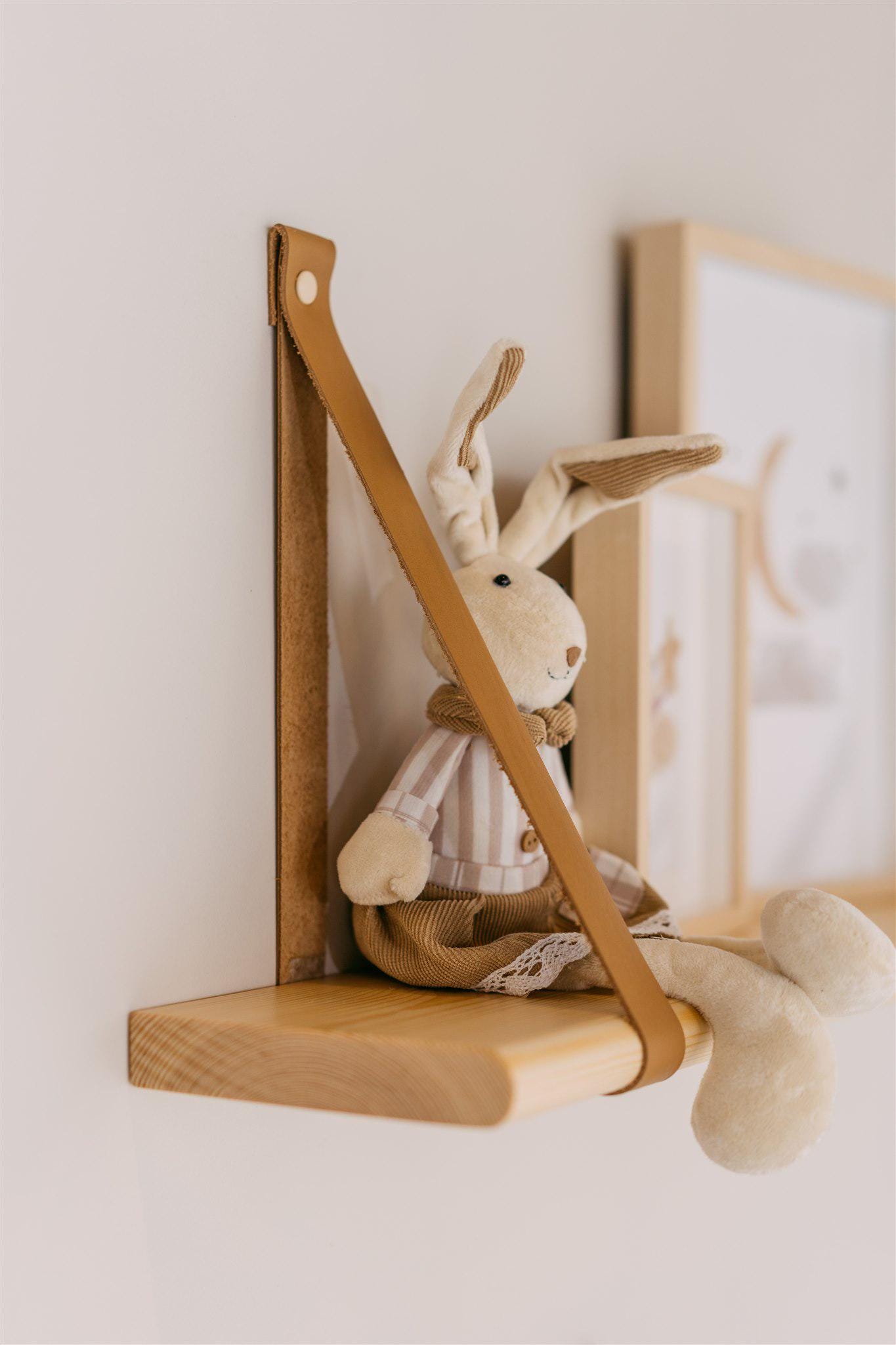 Nursery Hanging Bookshelf, Floating Wood Shelves With Leather Strap, Montessori