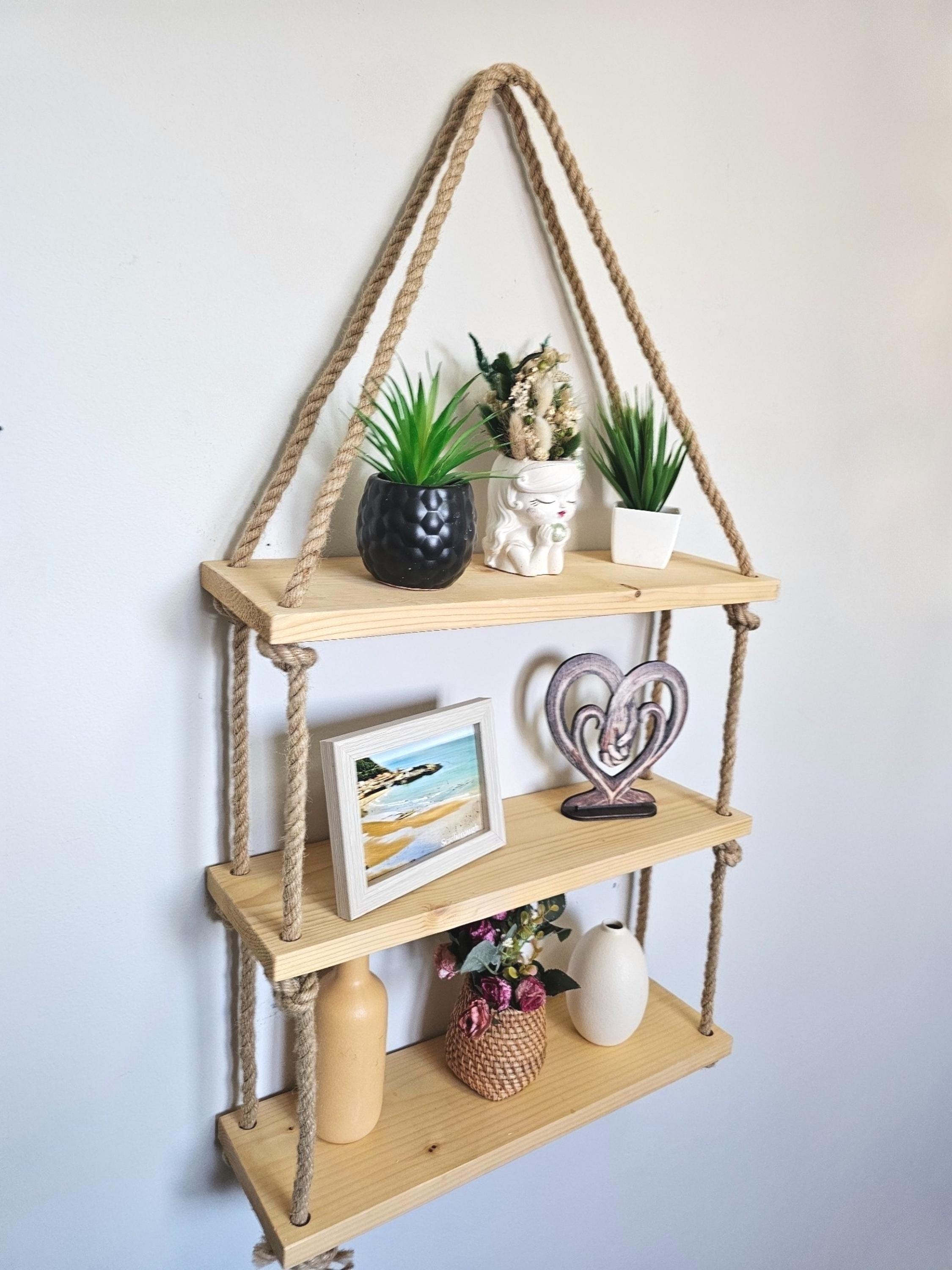 Rustic Wood Wall Shelf With Rope : Boho Scandinavian Decor
