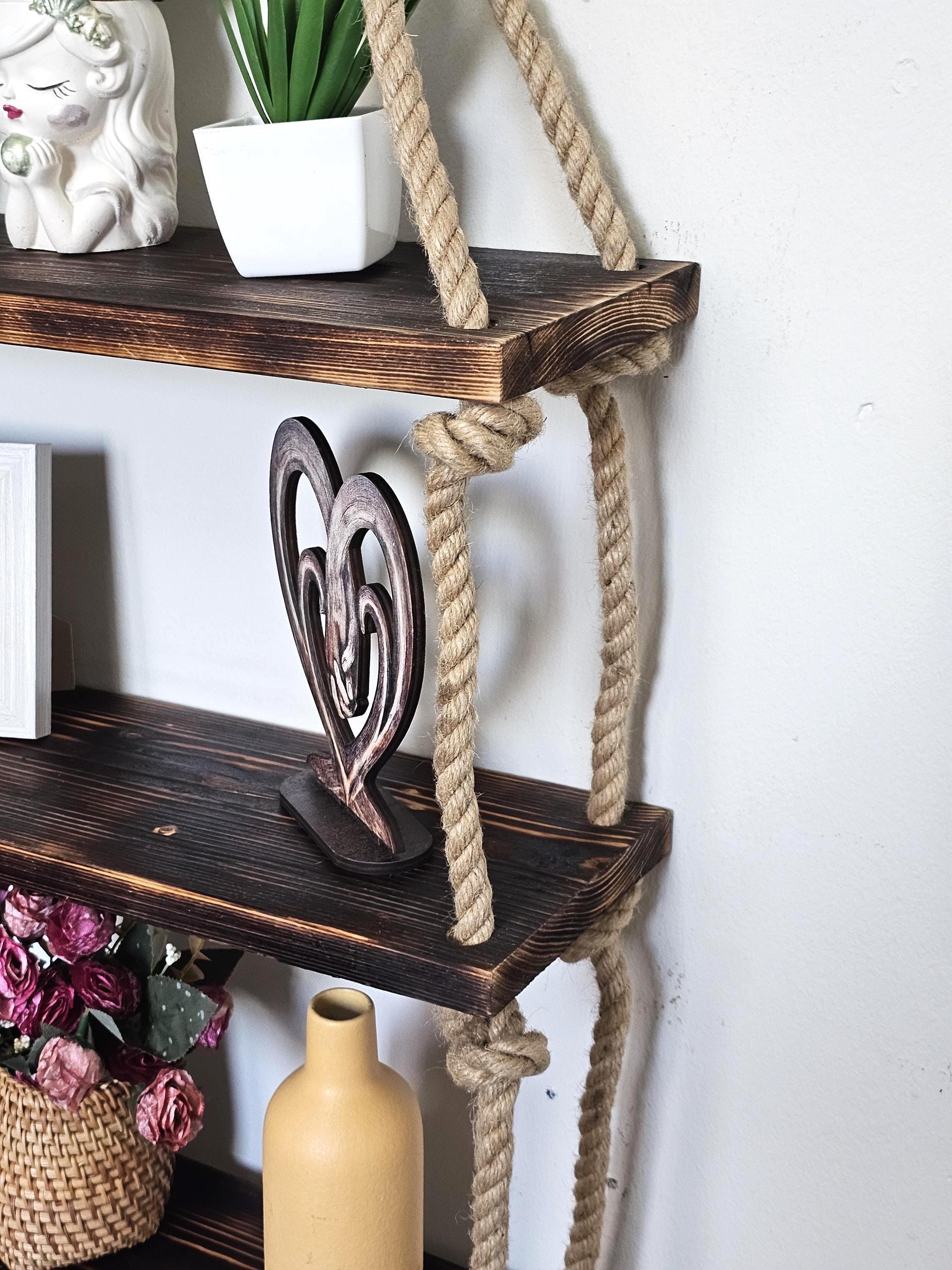 Rustic Wood Wall Shelf With Rope : Boho Scandinavian Decor