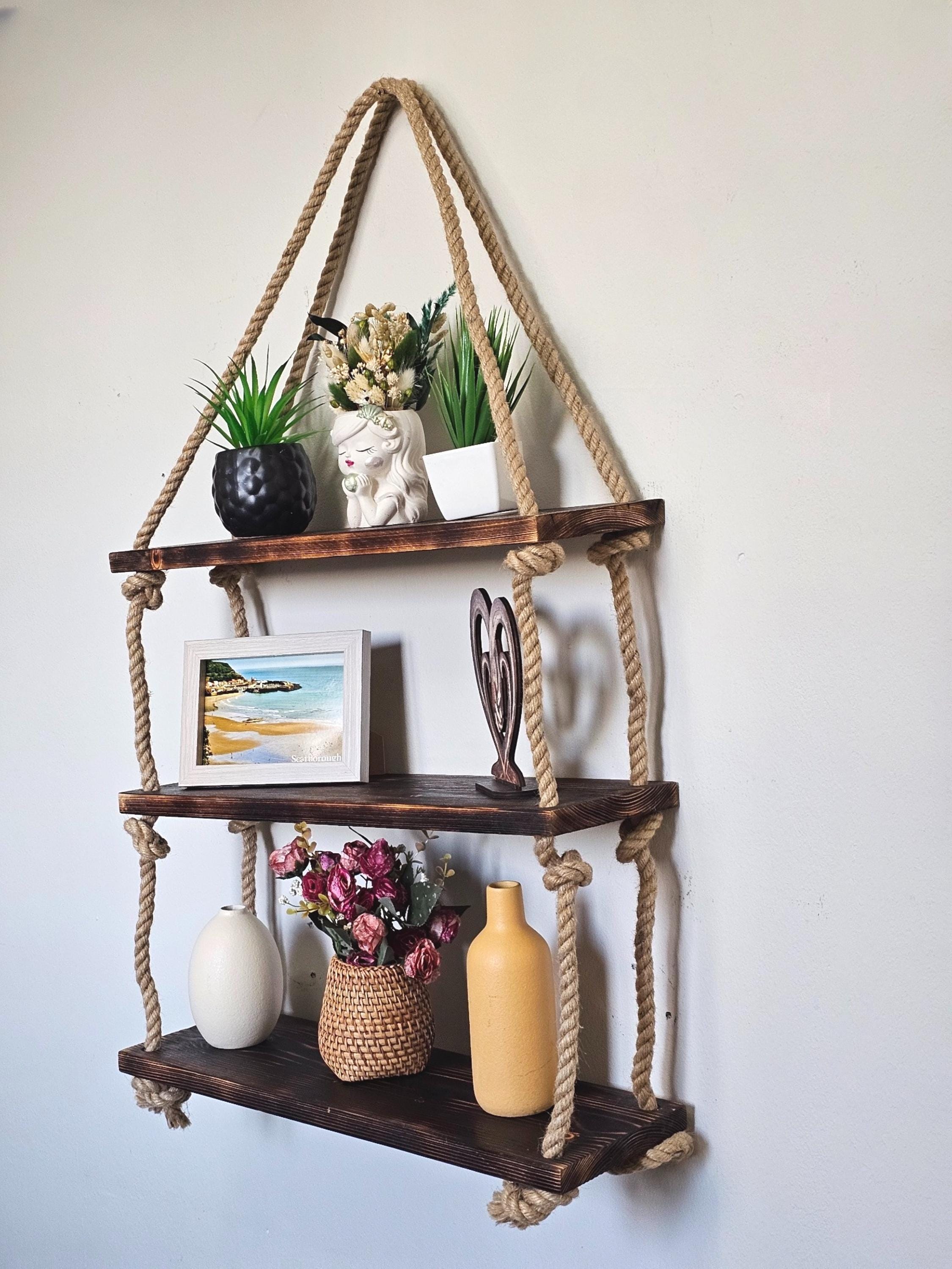 Rustic Wood Wall Shelf With Rope : Boho Scandinavian Decor