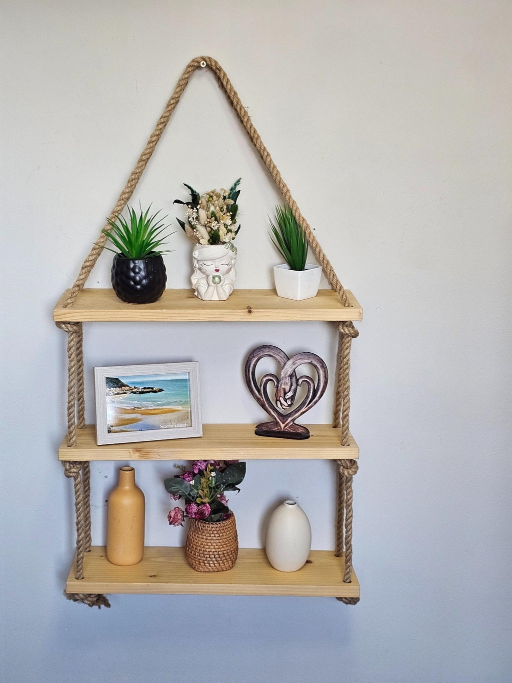 Rustic Wood Wall Shelf With Rope : Boho Scandinavian Decor