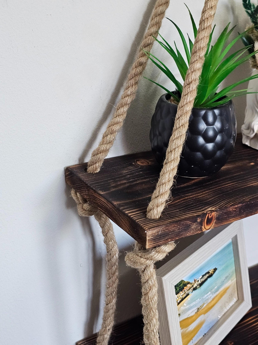 Rustic Wood Wall Shelf With Rope : Boho Scandinavian Decor