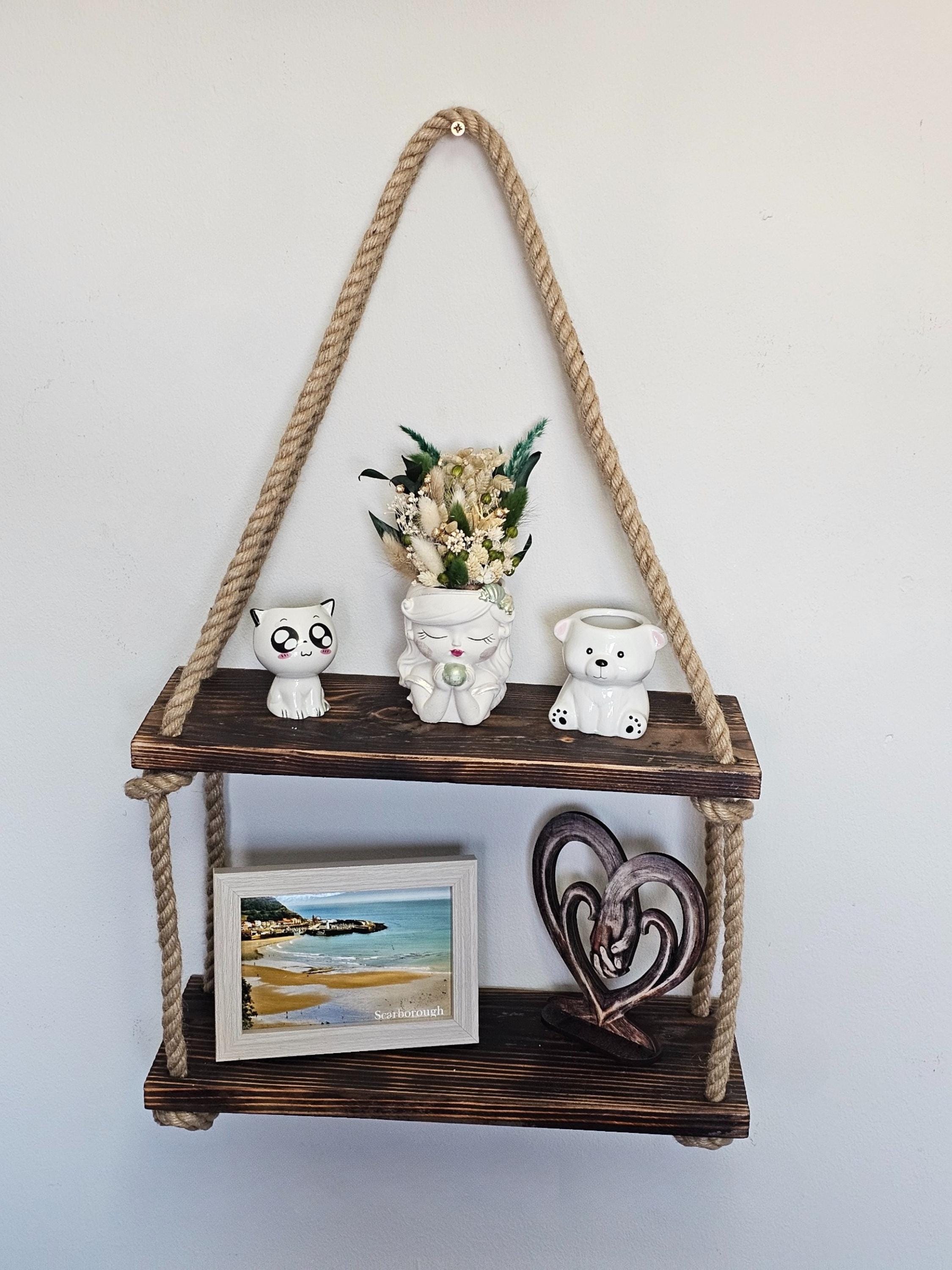 Rustic Wood Wall Shelf With Rope : Boho Scandinavian Decor