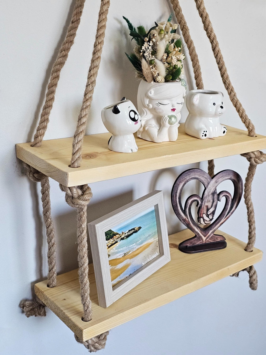 Rustic Wood Wall Shelf With Rope : Boho Scandinavian Decor