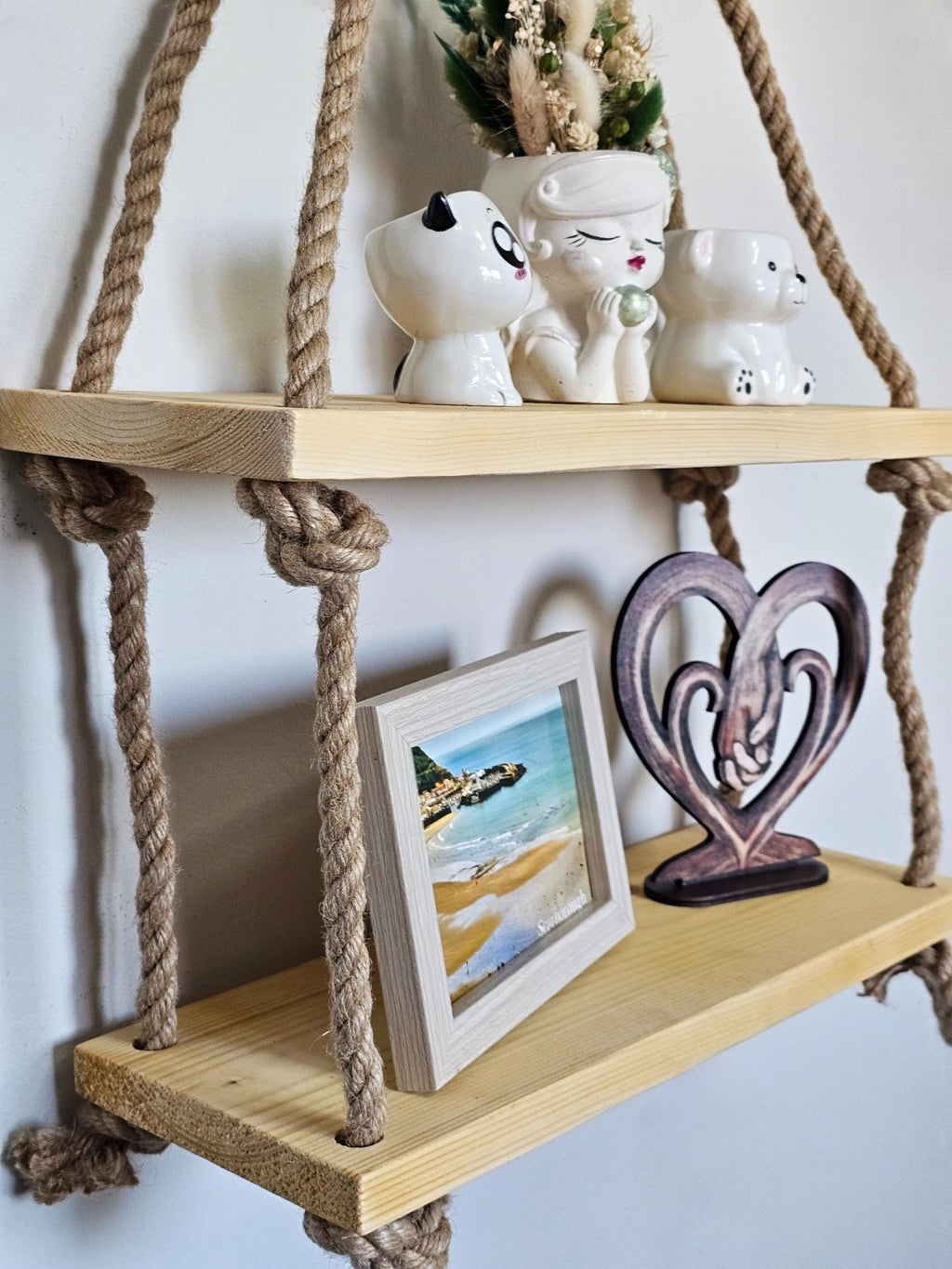 Rustic Wood Wall Shelf With Rope : Boho Scandinavian Decor