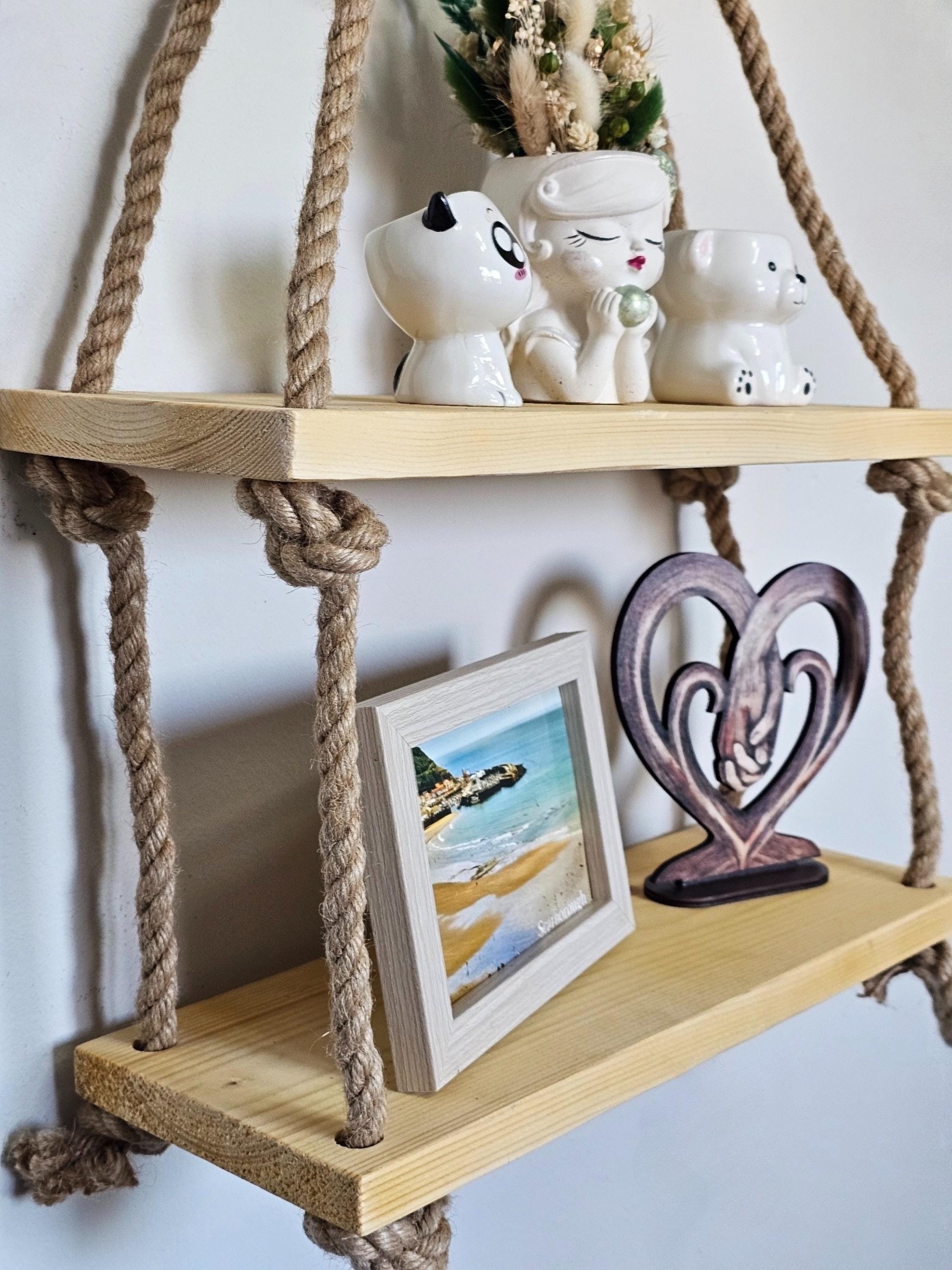Rustic Wood Wall Shelf With Rope : Boho Scandinavian Decor