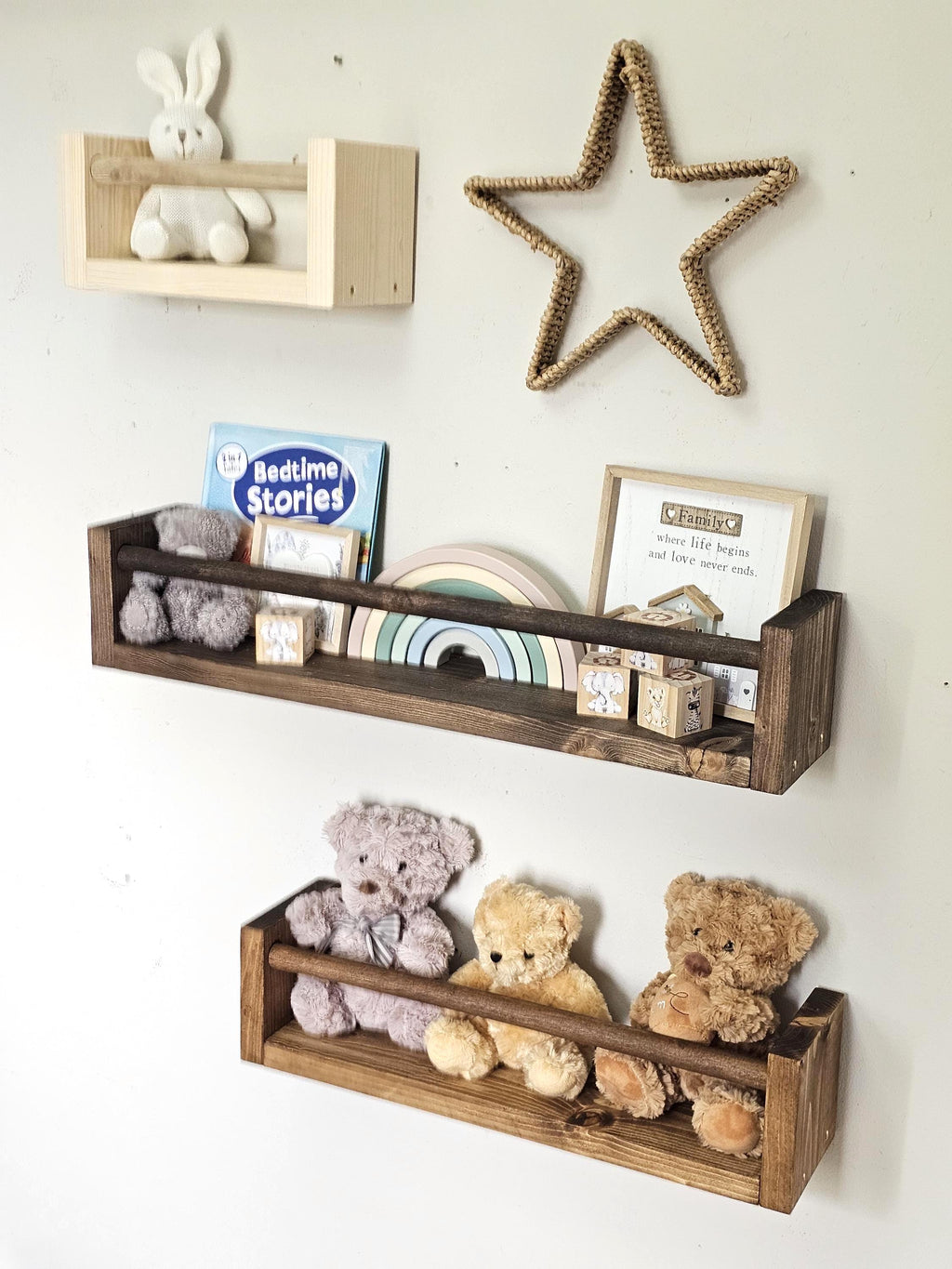 Handmade Rustic Wood Nursery Shelf With Clothes Rail - Floating Bookshelf